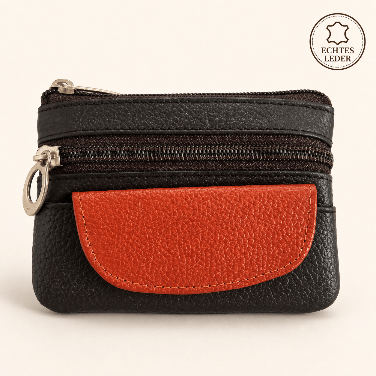 Key Case Made Of Real Leather – Compact Key Pouch With 2 Zip Compartments, Front Pocket And Key Rings, Black/red