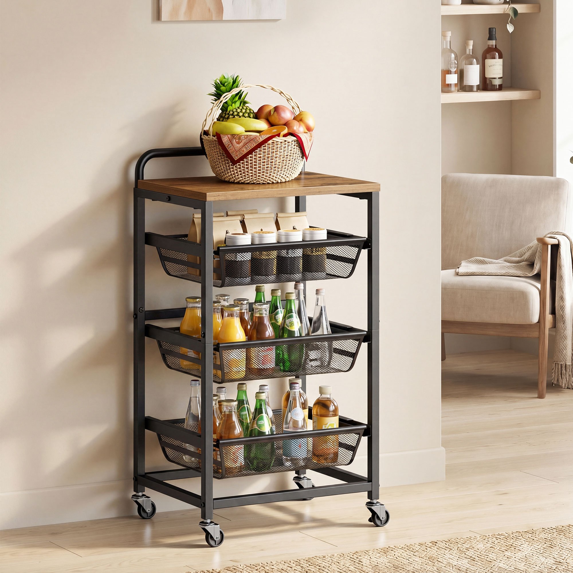 TEMU Carrito Auxiliar con Ruedas de 4 Niveles, Mueble de Cocina con Cestas Extraíbles, 40 x 31,7 x 76 cm, Marrón y Negro