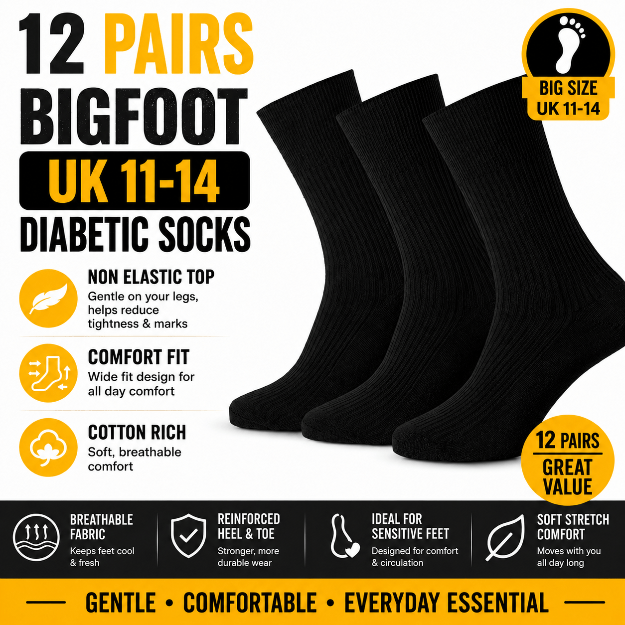 TEMU 12 Pairs Men’s Big Size Diabetic Socks Uk 11-14 Soft Non Elastic Socks For