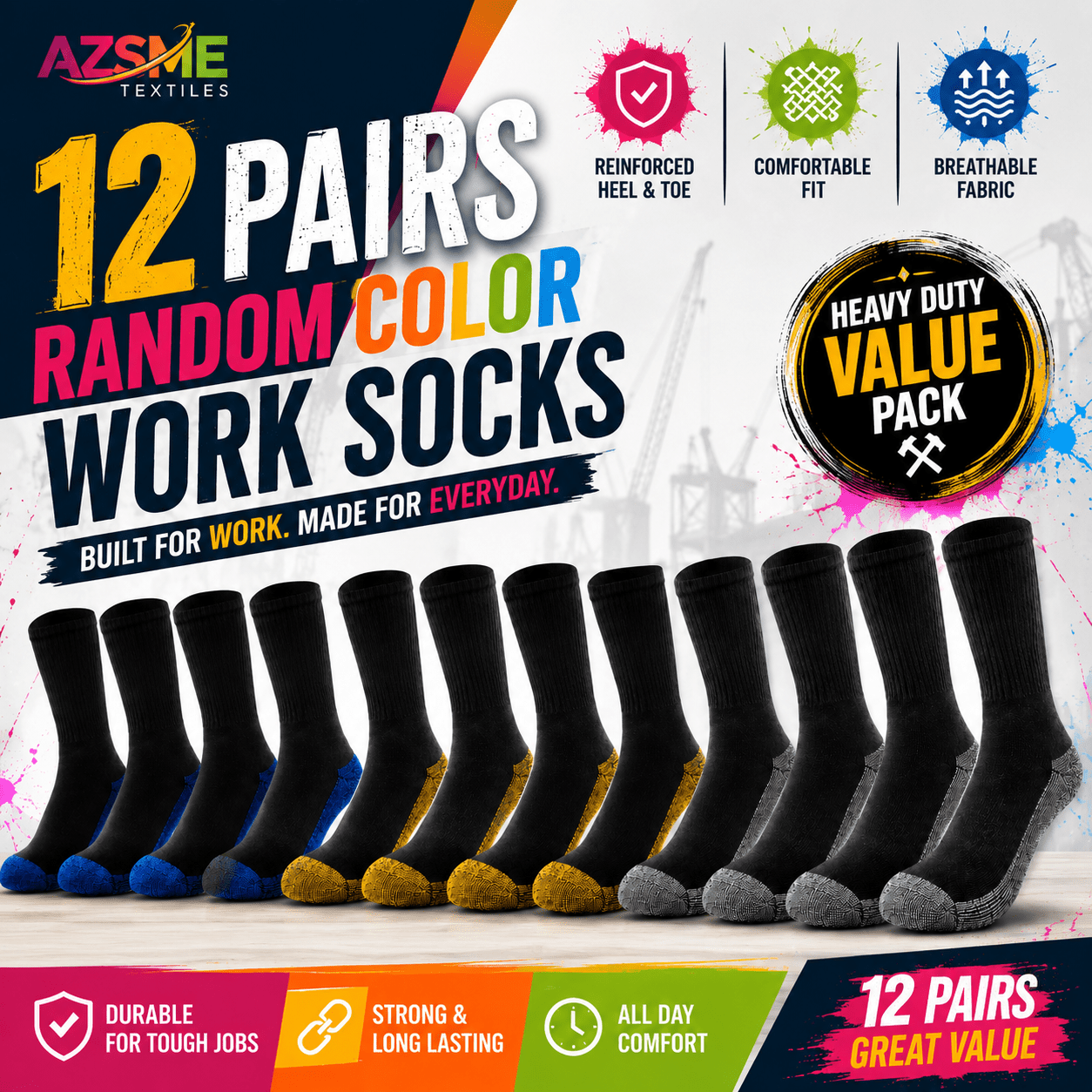TEMU Azsme Textiles Pack Of 12 Random Colour Work Socks Men's Everyday Socks For Work Boots, Trainers And Casual Wear