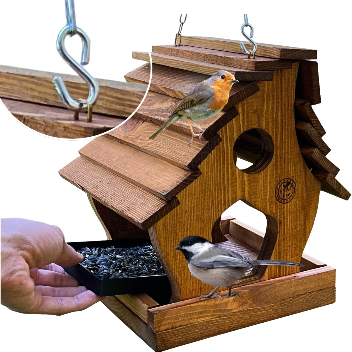 Image of Brown Lacquered Wooden Bird Feeder With Food Drawer – Hanging Chain Included, Garden Decoration