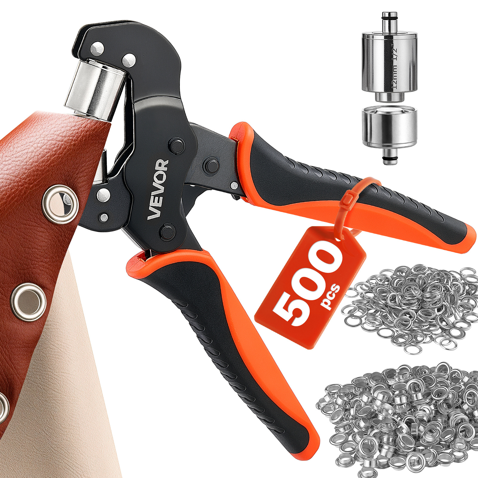 TEMU VEVOR Kit d'outils pour œillets 1/2" avec 500 œillets argentés, avec œillets et rondelles, pince à presse-œillets manuelle, poinçon à trous et