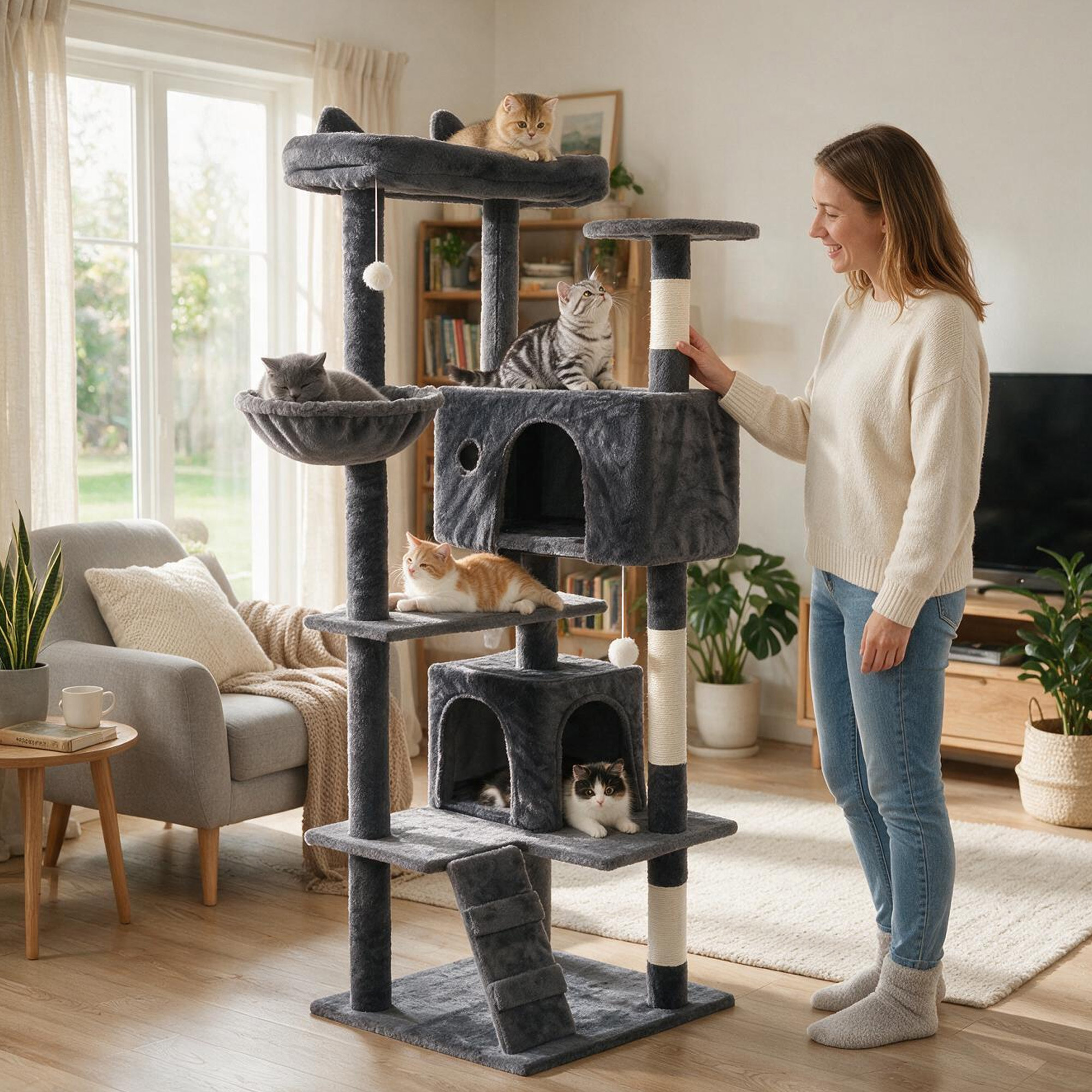 TEMU Large Cat Tree Indoor Cat Tower With Multi-level Activity Centre, Scratching Posts, 2 Condos, Ladder & Platforms – Climbing House For Play, Rest