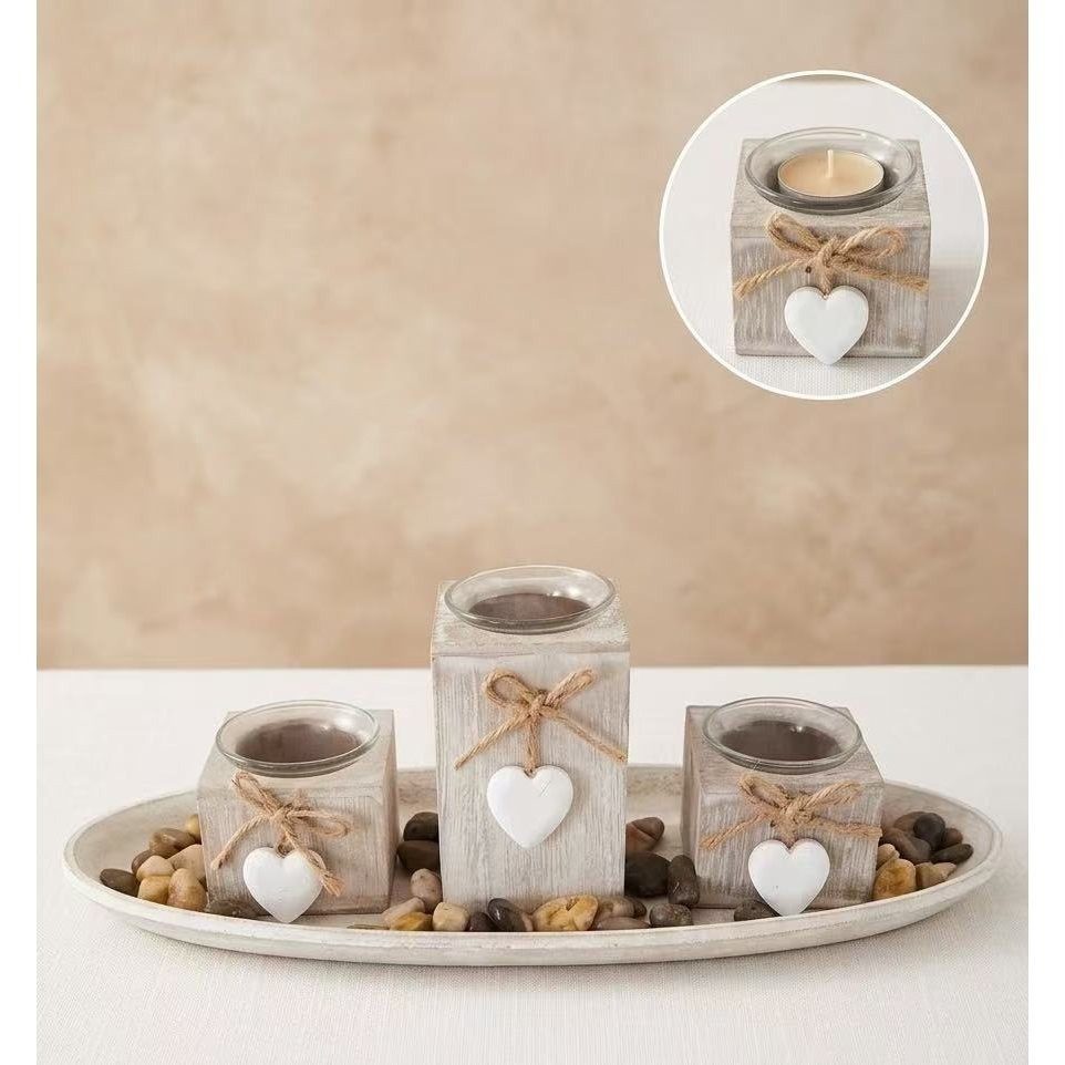 TEMU Set Portavelas corazon con Bandeja . Contiene: 1 Bandeja, 3Portavelas, 3vasos cristales. Tamaño de bandeja 39cm