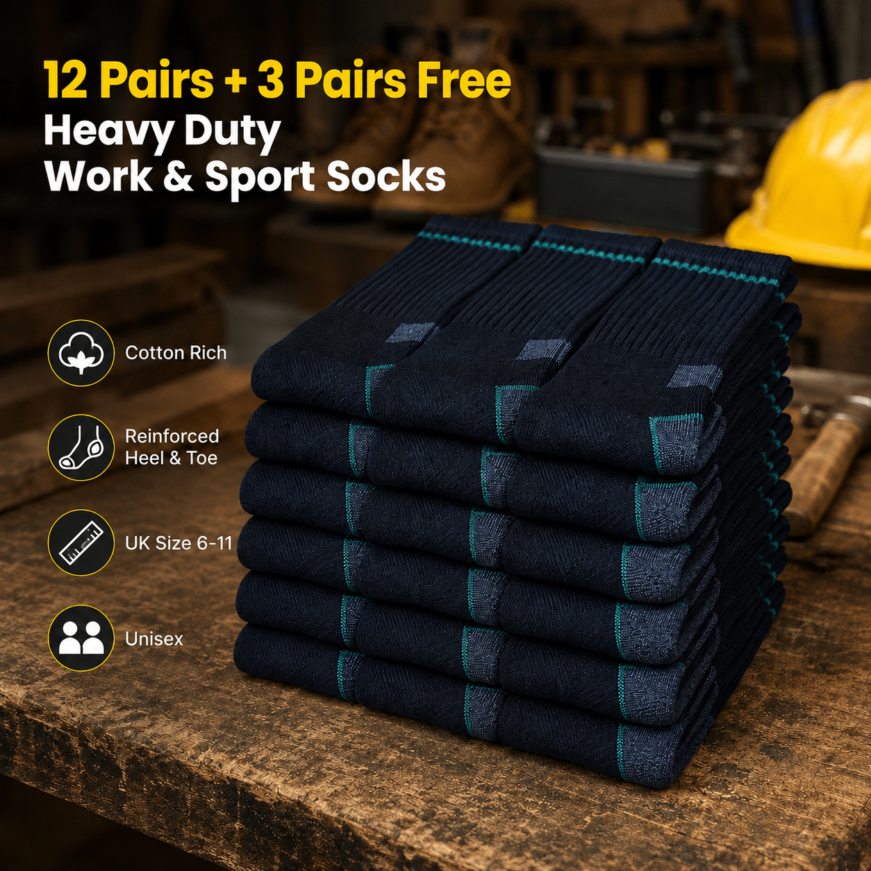 TEMU 15 Pairs Unisex Heavy Duty Sport Work Socks – Black Crew Length, Reinforced Heel & Toe – Uk Size 6-11