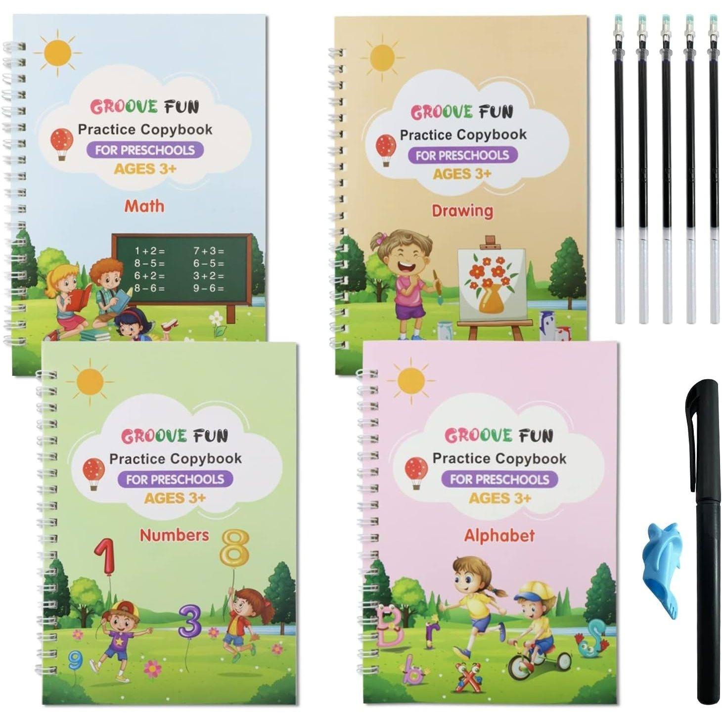 Image of Illuminated Handwriting Books For Children, Copybook Cursive Writing, Combination Calligraphy Copybook For Kindergarten Preschool (4 Pack) With 1 Pen + 5