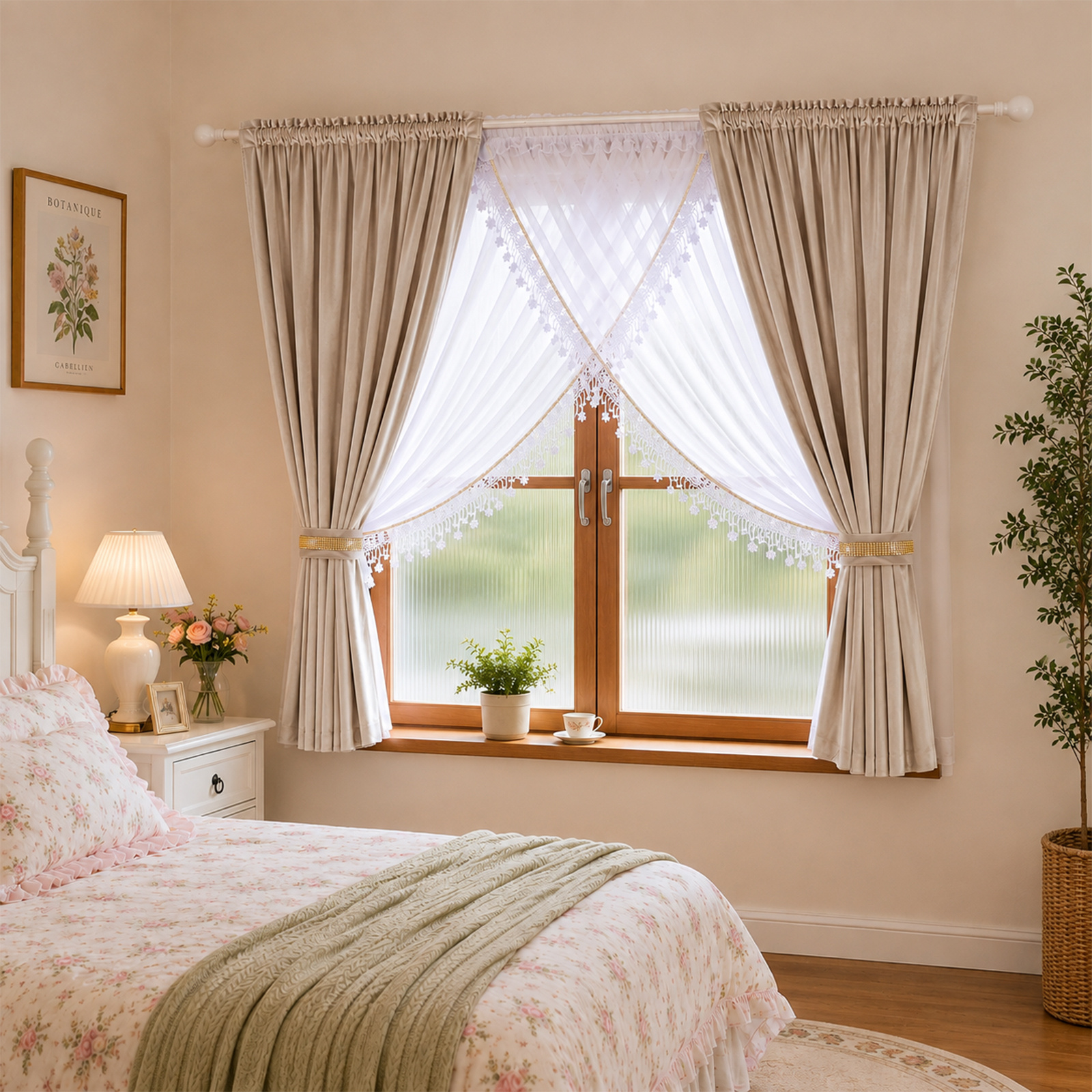 TEMU 3pcs Elegant Curtain Set, Solid Color Velvet Light Filtering Curtain With Embroidered Lace Trim Sheer Panel | Decorative Window Drapes, Velvet