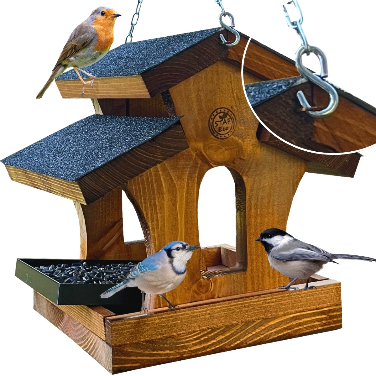 Image of Wooden Bird Feeder, Brown, With Chain, Feed Drawer, And Roof Covered With Roofing Felt - Garden Decoration For Balcony And Garden, Ideal For