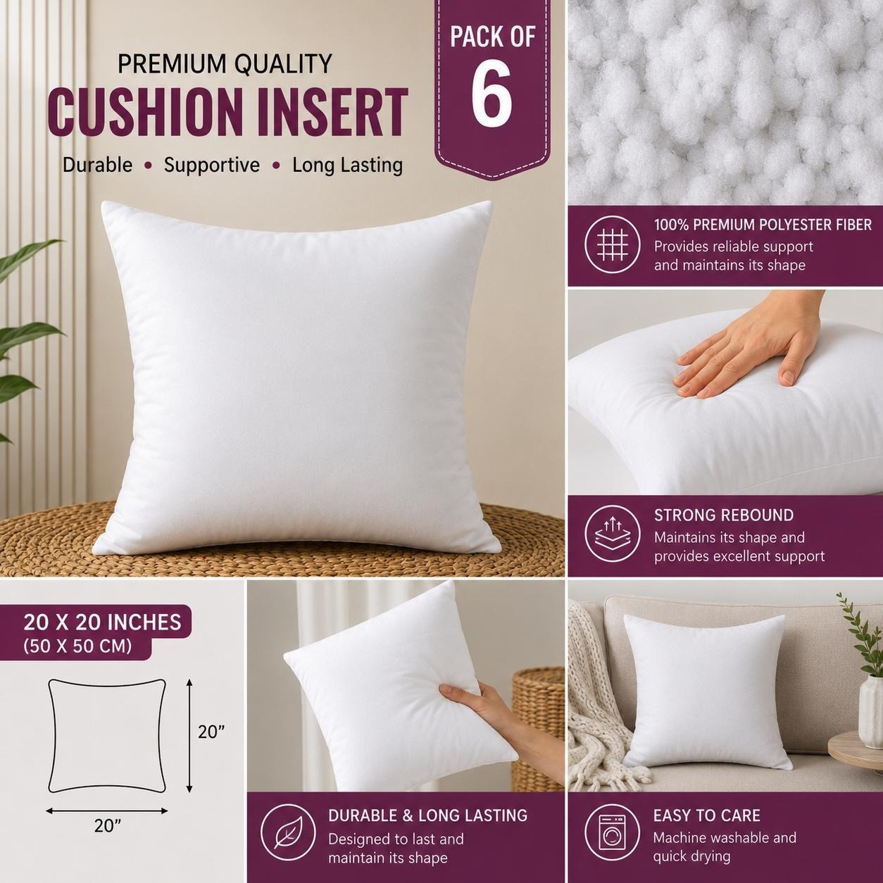 TEMU 6pcs Comfortable Cushion Pad – Size 50 X 50, Decorative Cushion Set, Long Lasting & Machine Washable, For Sofa, Couch, Room Decor, Living Room &