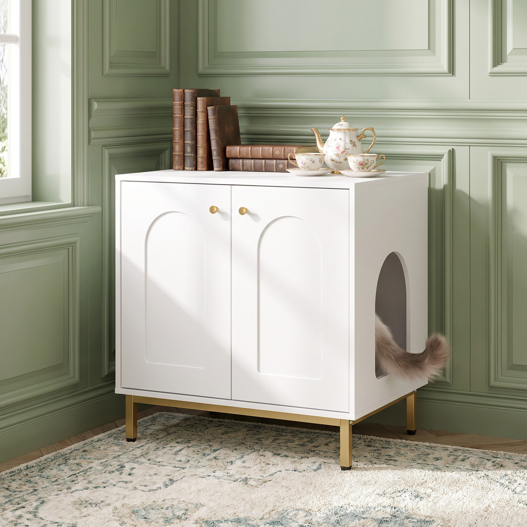 Image of This Multi-functional Concealed Litter Box Furniture Cabinet Features A Sturdy Metal Frame And Wooden Structure, With An Interchangeable Side Entrance, And Is Compatible With Most Cat Litter Boxes.