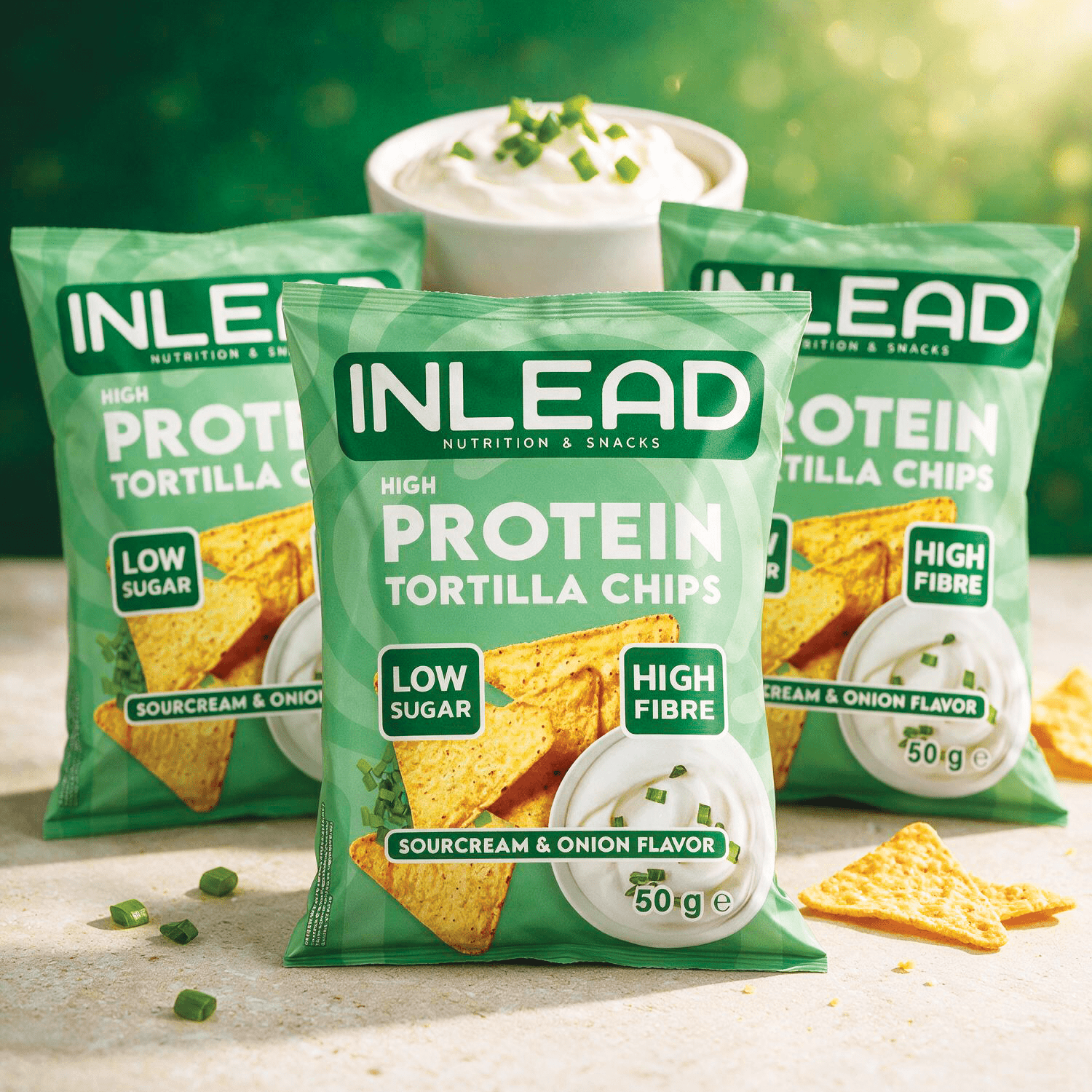 Image of 3rd Pack - Inlead High Protein Tortilla Chips Sour Cream & Onion 3x50g