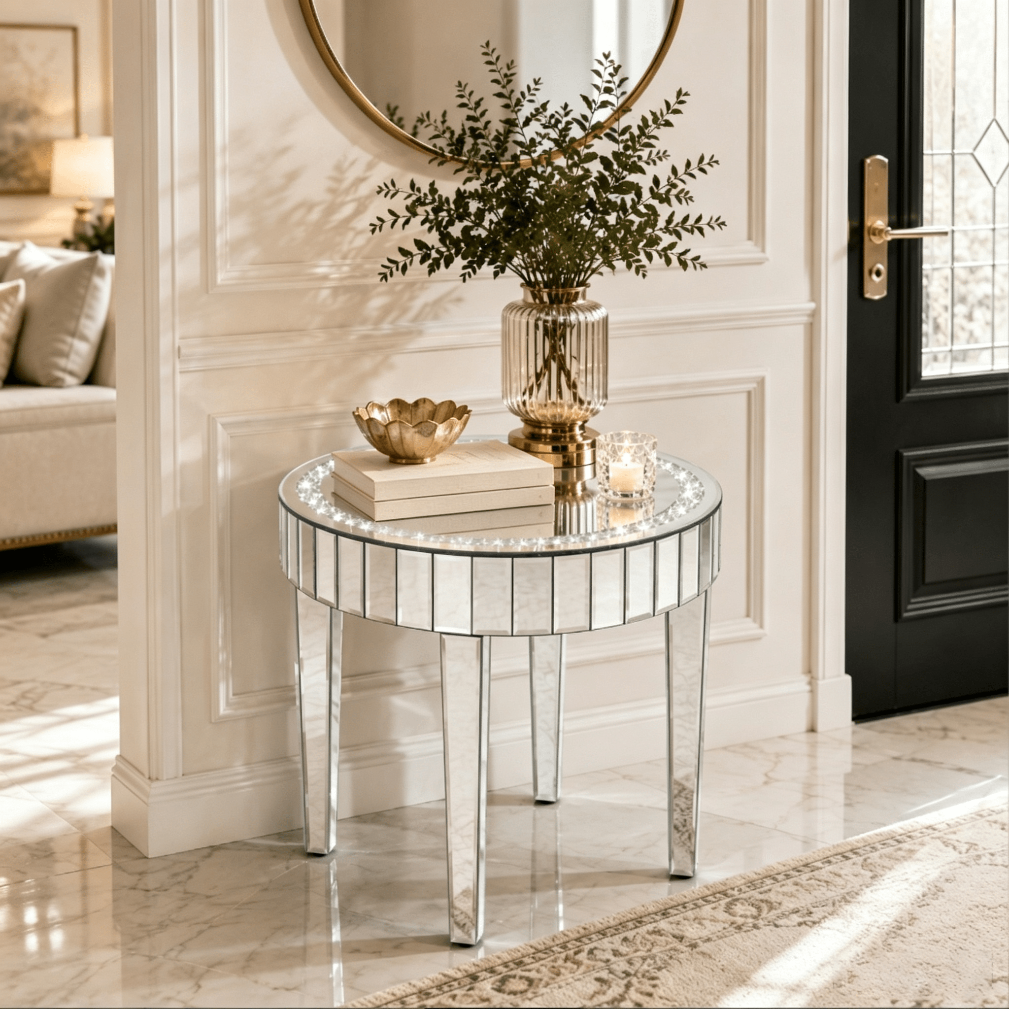 23.62" Mirrored Side Table with Crushed Diamond Inlay