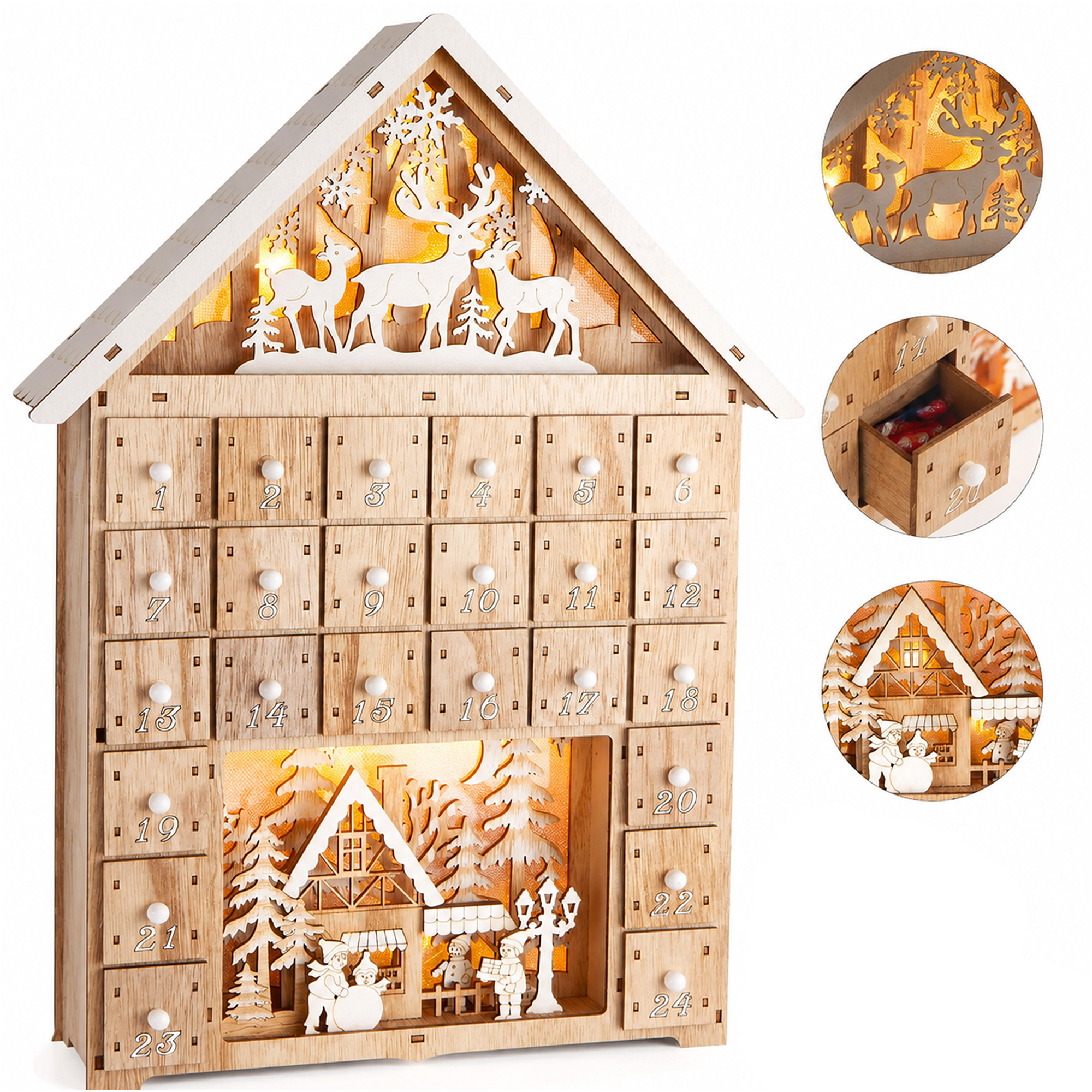 Image of Brubaker Fillable Advent Calendar - Christmas House 2026 - Wooden Christmas Calendar With Led Lighting - Reindeer In , Snow Village With Children - 40 Cm Illuminated House Calendar