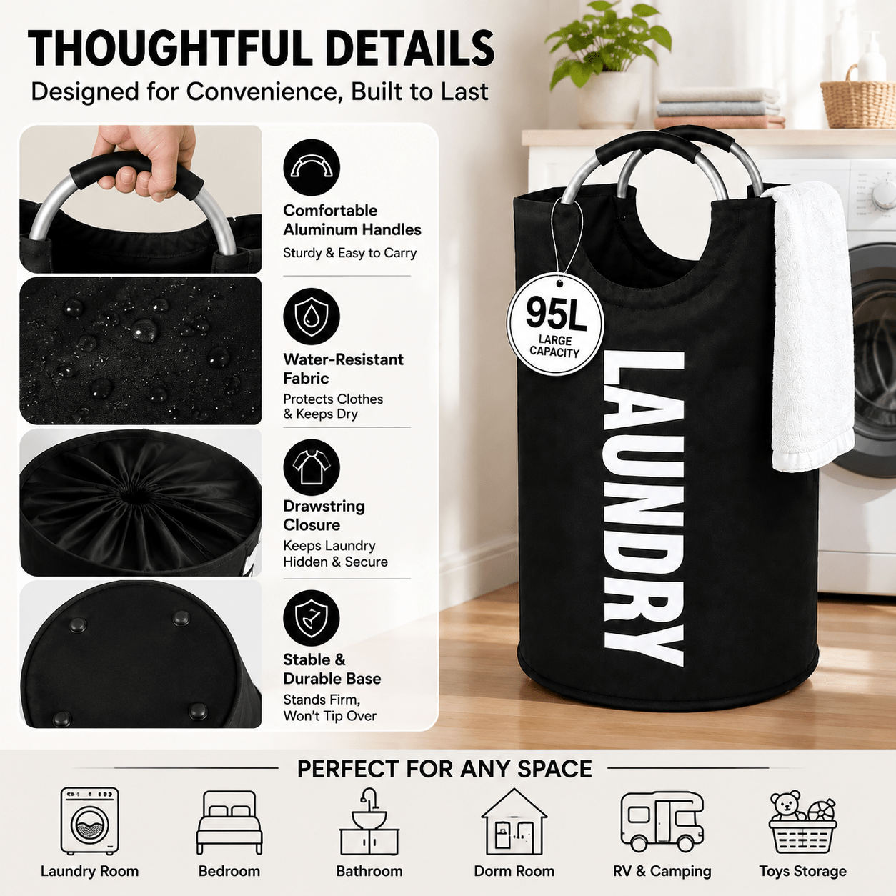 90L Large Foldable Laundry Basket Hamper with Handles