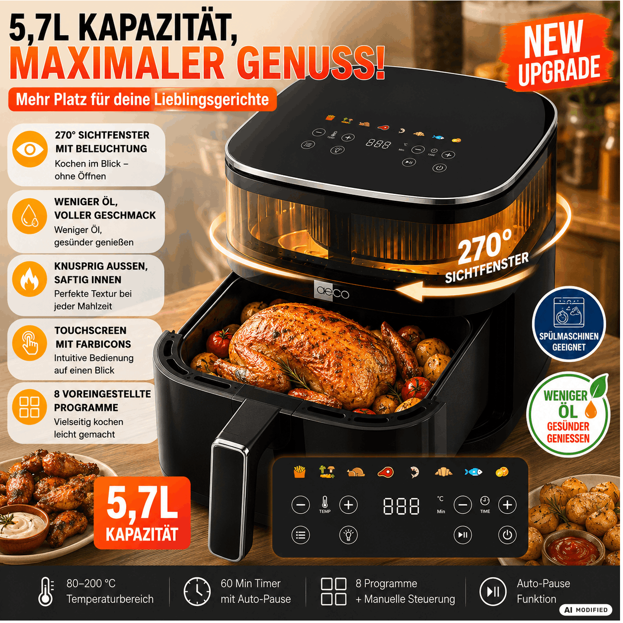 Aeco Touch Airfryer 5.7 , Hot Air Fryer With 270° Illuminated Viewing Window & Display, 1700 Watts, 80°-200° Adjustable, 8 Programs, Including Recipe Book