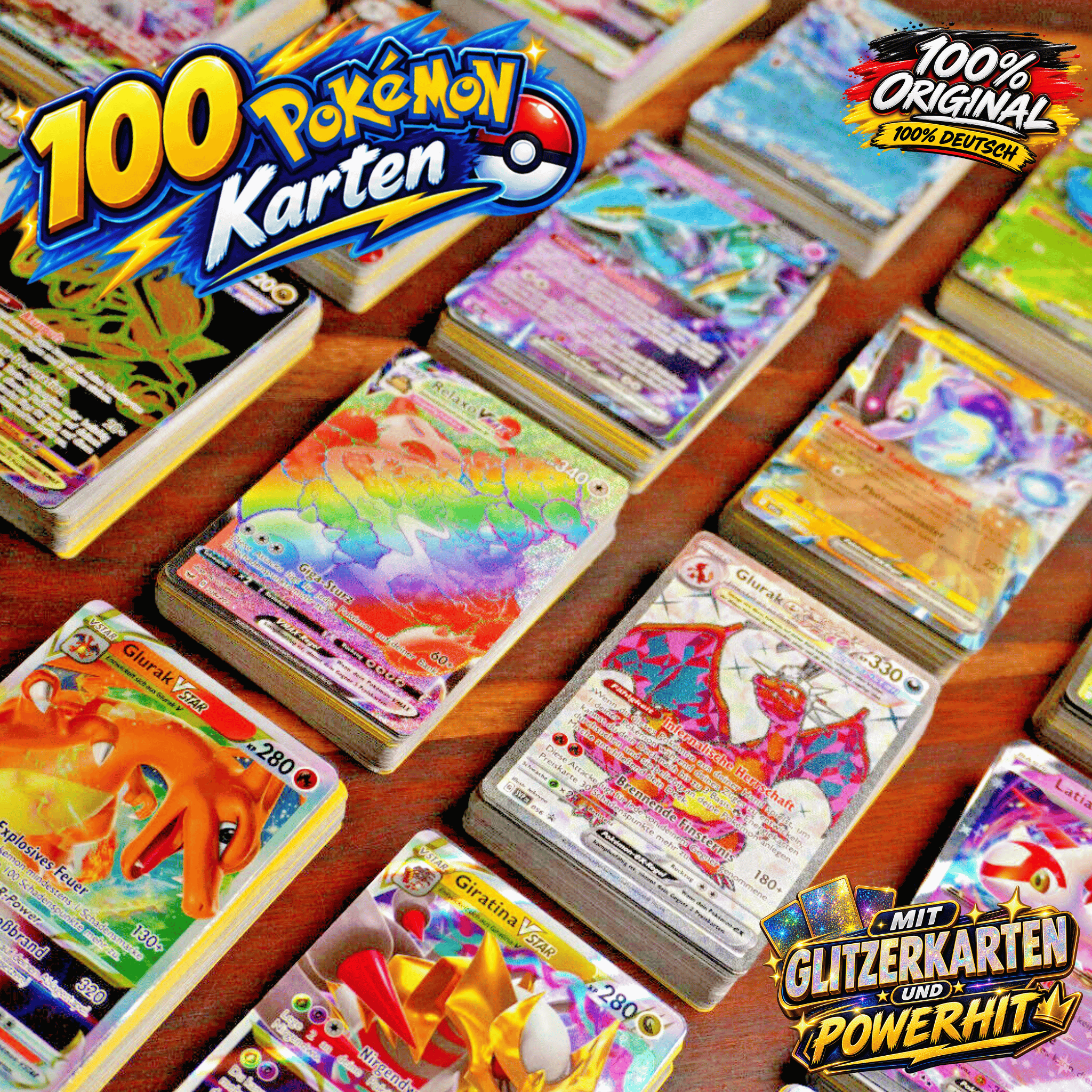 100 Card Pack - Original And German Cards! 1 Ex/gx///v/rainbow Or Rainbow Guaranteed!!! Glitter Cards, Current Sets! Cool !