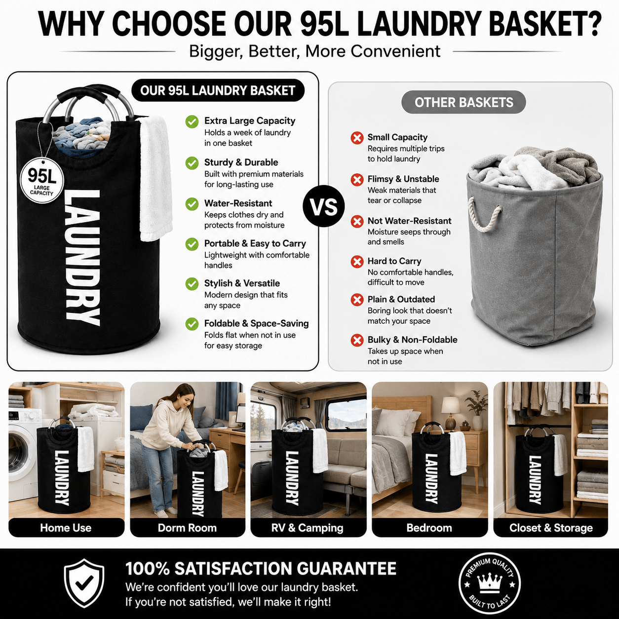 90L Large Foldable Laundry Basket Hamper with Handles