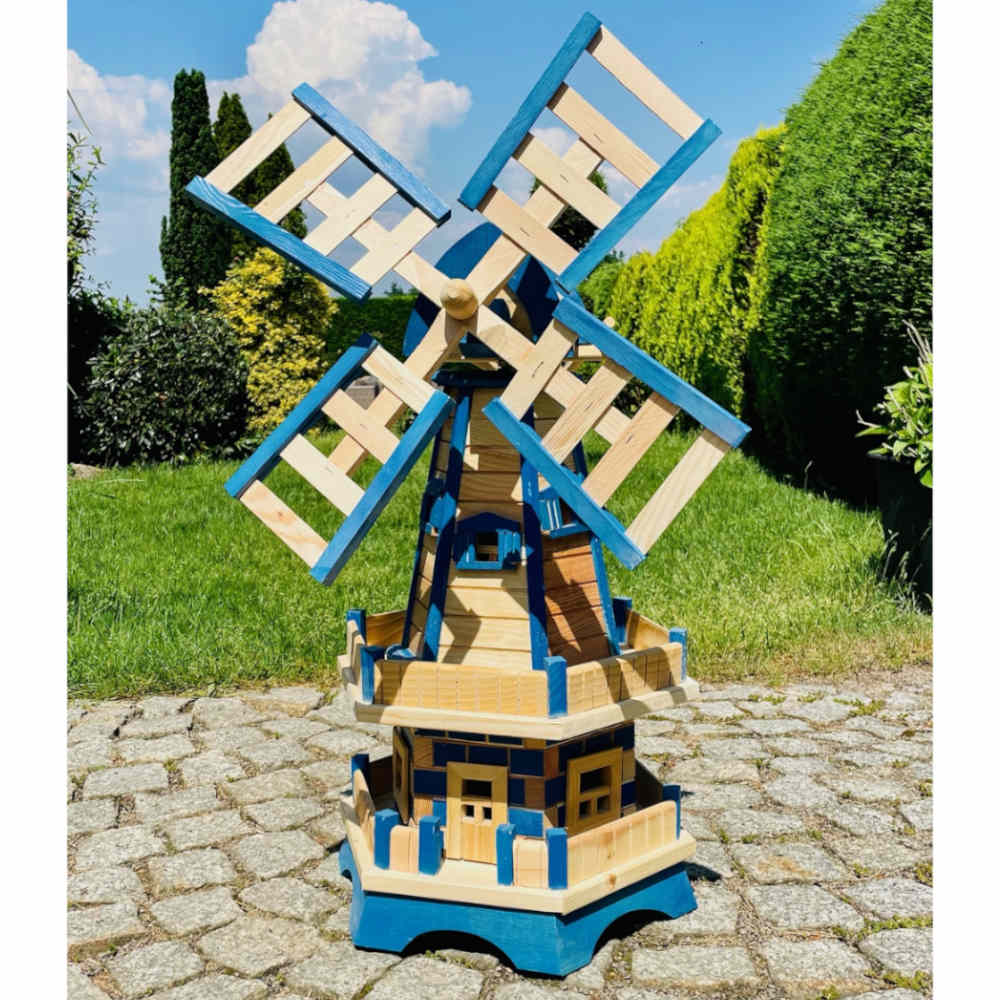 Darlux Hexagon Double-decker Garden Windmill, Wood, Natural/blue, Height 93 Cm