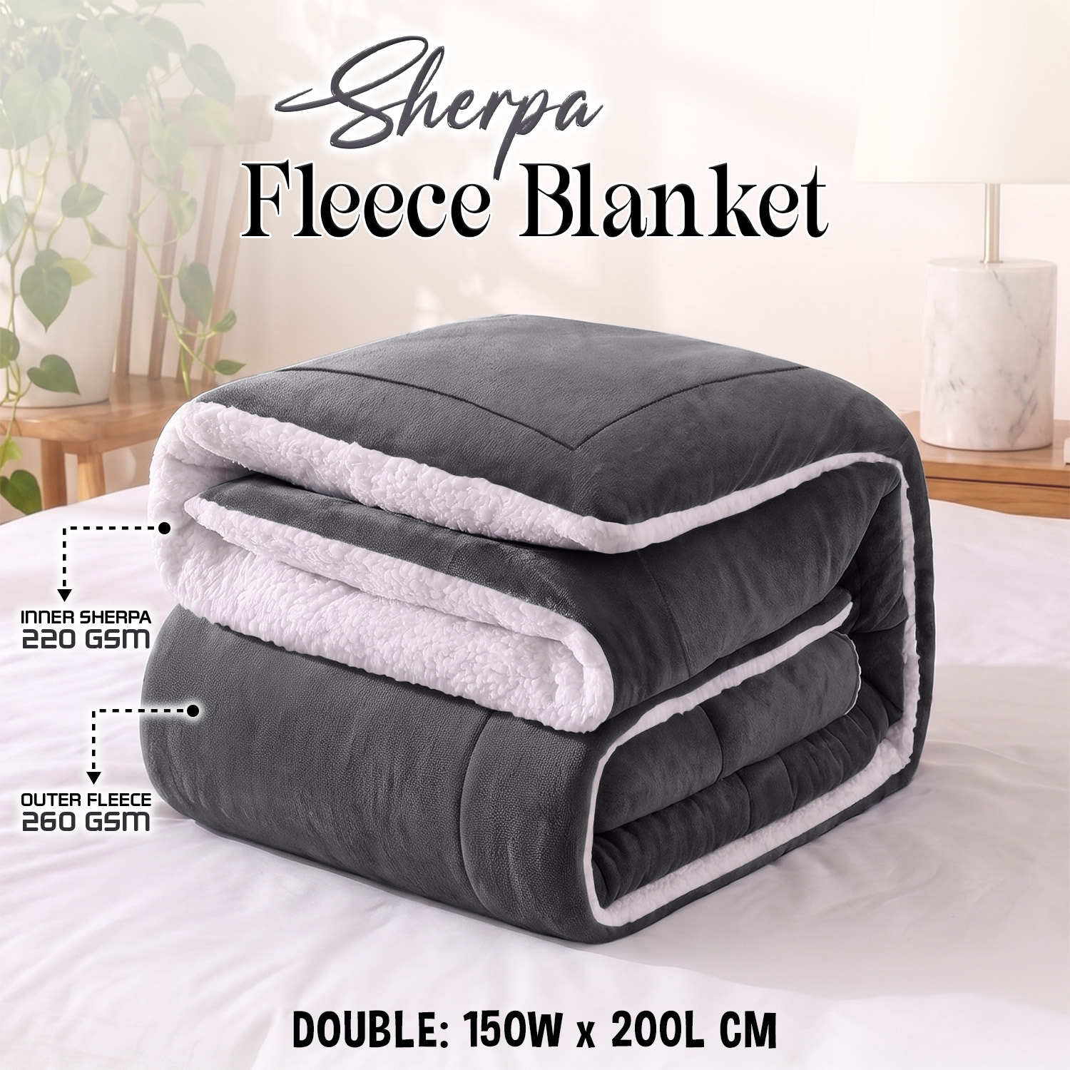 TEMU 1pc Double-sided Sherpa Fleece Blanket, 220gsm Sherpa Inner & 260gsm Fleece Outer, Soft Cozy Lightweight, Single Double King Super King, Machine