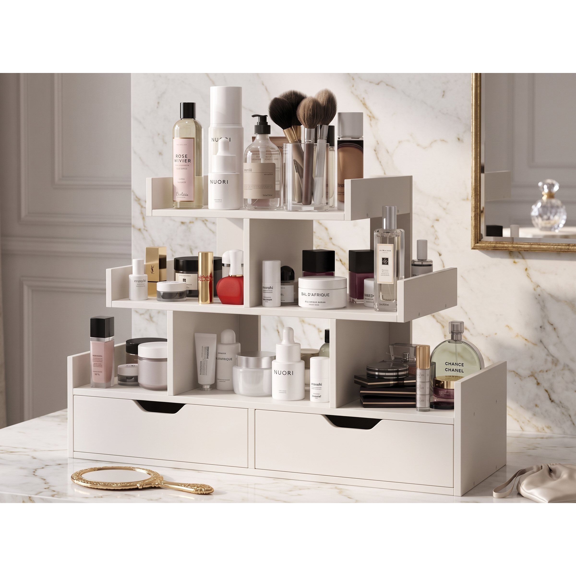 TEMU Organizer Porta Trucchi da Tavolo a 3 Livelli con 2 Cassetti �� Porta Cosmetici e Profumi Salvaspazio 60x17,5x51 cm