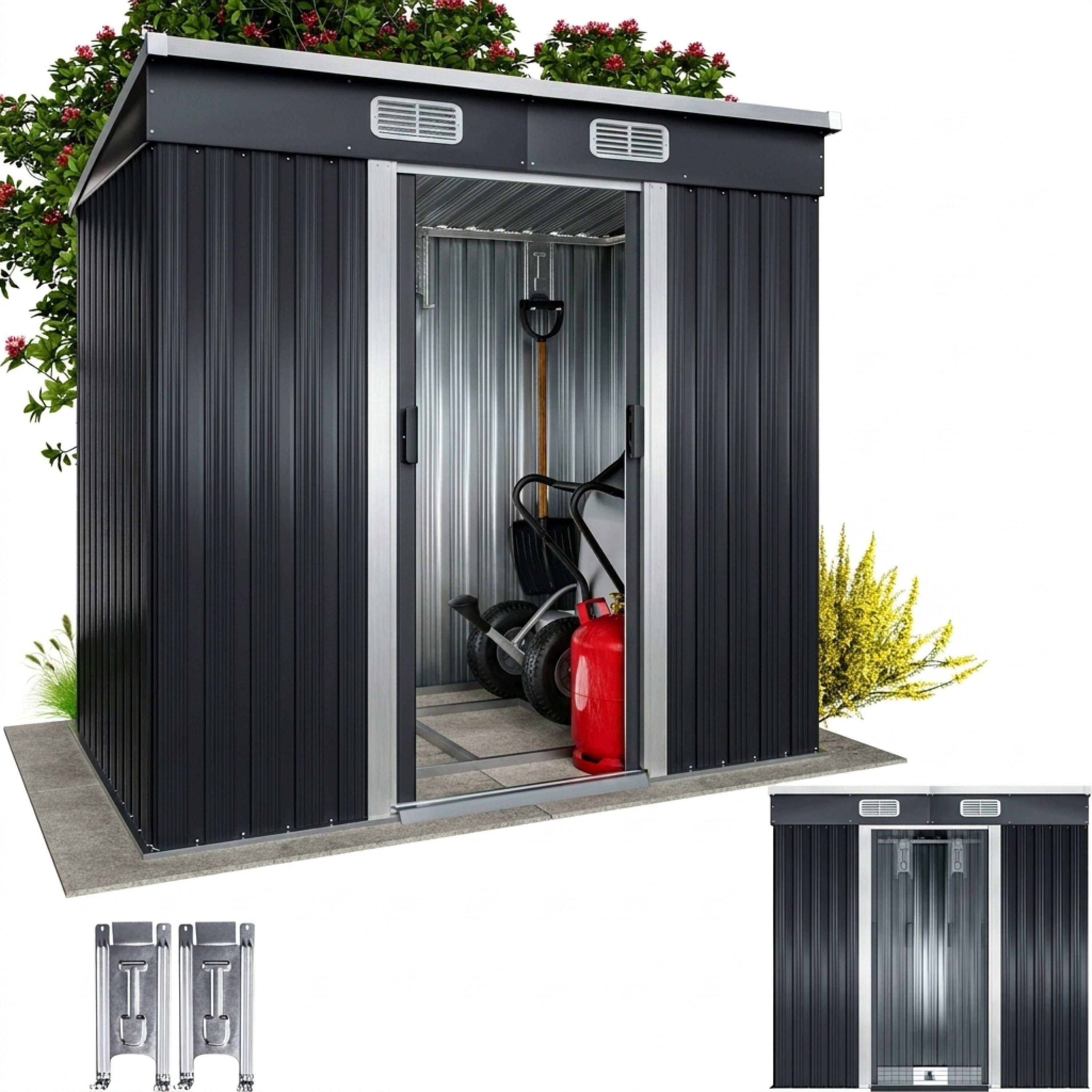 Image of Metal Tool Shed 200x125x180cm With Foundation, 2m², 4m³, Sliding Door, 2x10kg Tool Holders, Ventilation, Weatherproof, Gable Roof, Garden Shed, Tool Cabinet