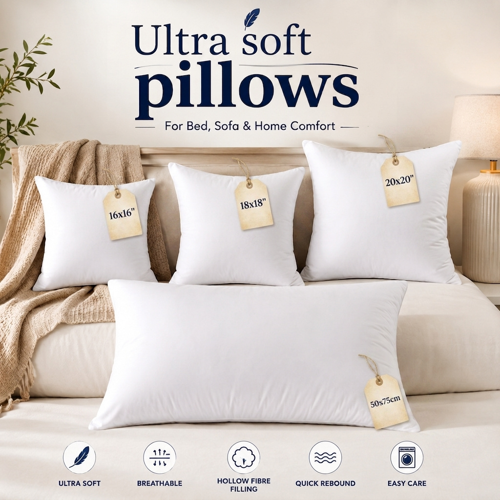 TEMU 2pcs White Filled Pillows – Quality Ultra Soft Breathable Hollow Fibre Pillow, Quick Rebound Cushion For Bed, Sofa, Home & Bedroom – 16x16,