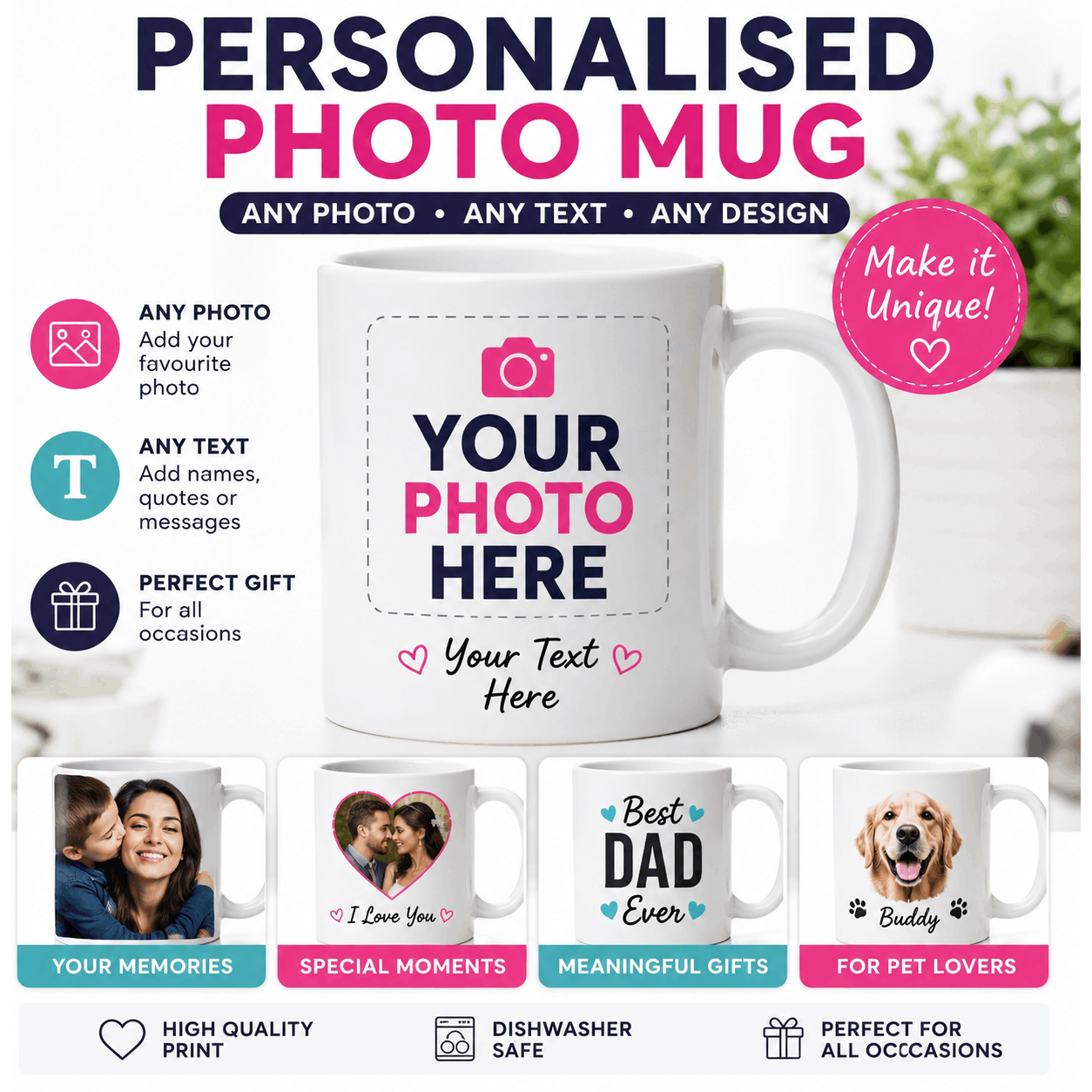TEMU Personalised Photo Mug, Add Any Photo & Text, Custom Mug, Custom Logo Mug, Printed Photo Mug, Gift For
