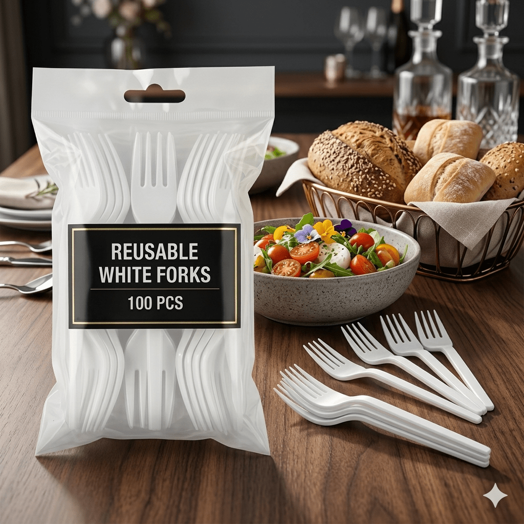 TEMU White Fork Cutlery Set, Dishwasher Safe Tableware For Parties, Weddings Pack Of 100