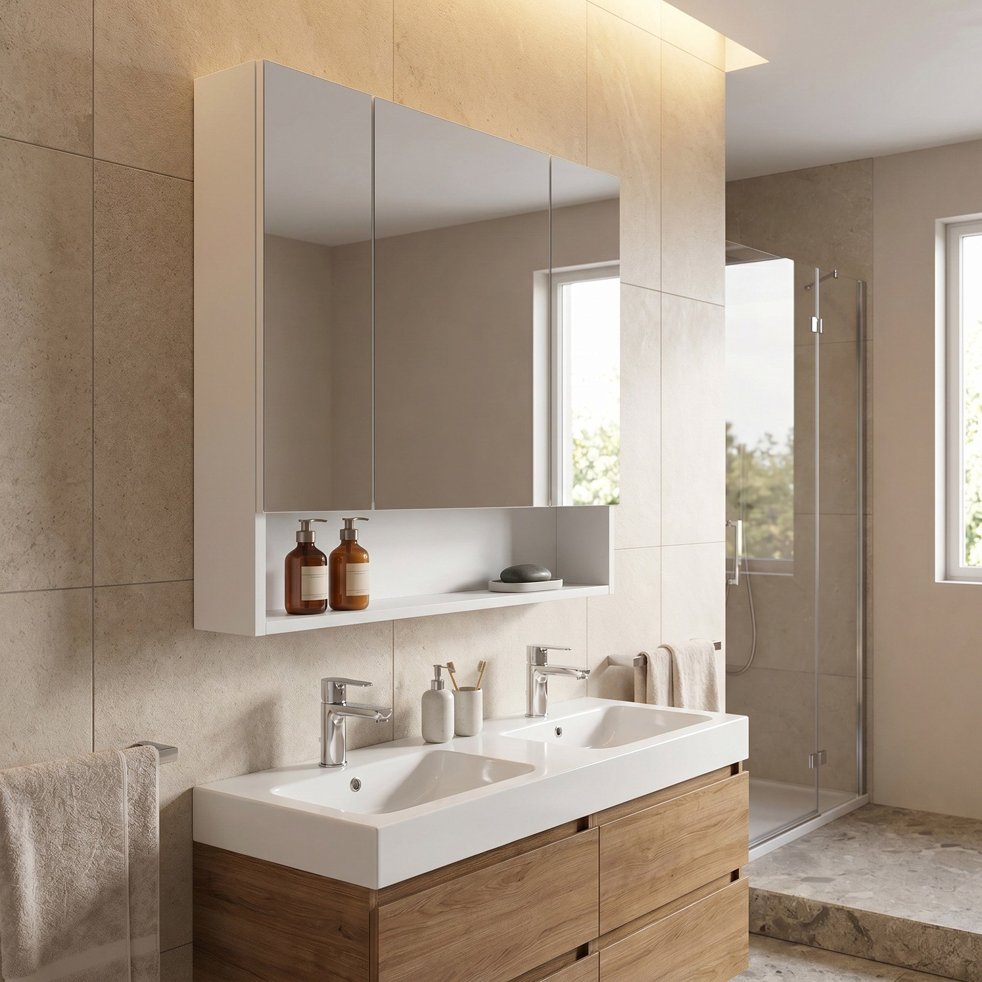 TEMU Bathroom Cabinet With Mirror, 3 Doors And Open Compartment, Wall-mounted, 70 X 16.5 X 75 Cm, White