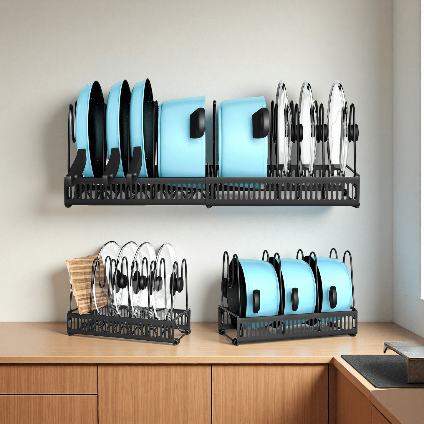 Image of Expandable Pot Pan Organizer Rack, 10 Adjustable Dividers Iron Kitchen Cookware Holder For Cabinet Storage