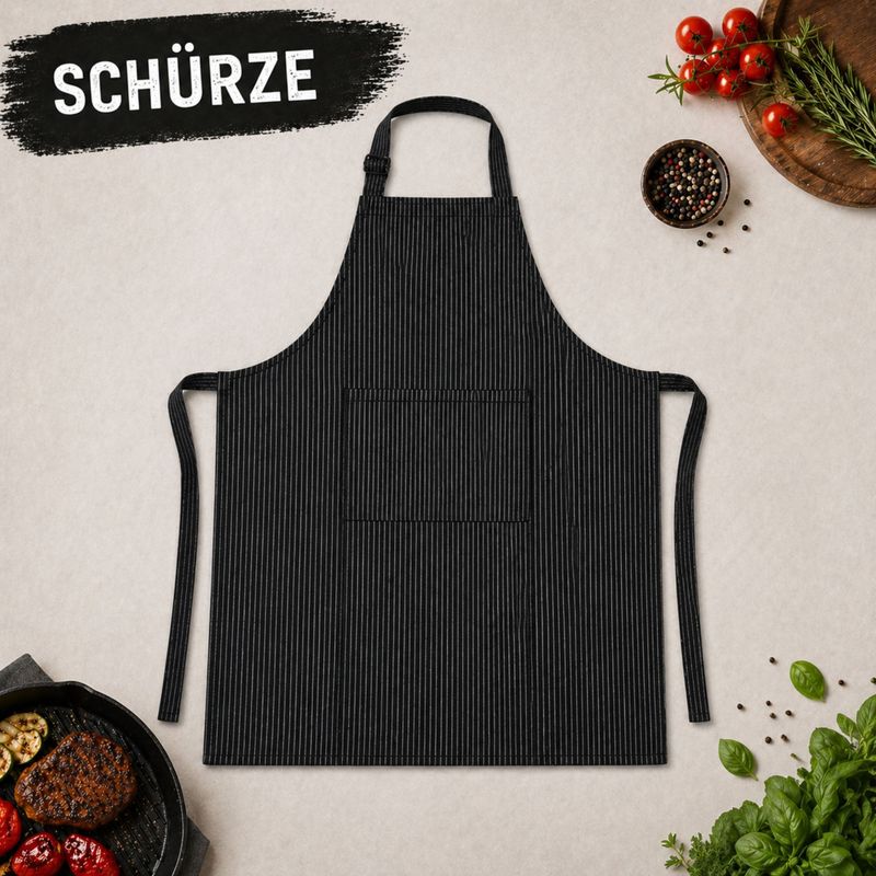 Image of Black And White Striped Kitchen Apron – 2-piece Cotton Set With Front Pocket