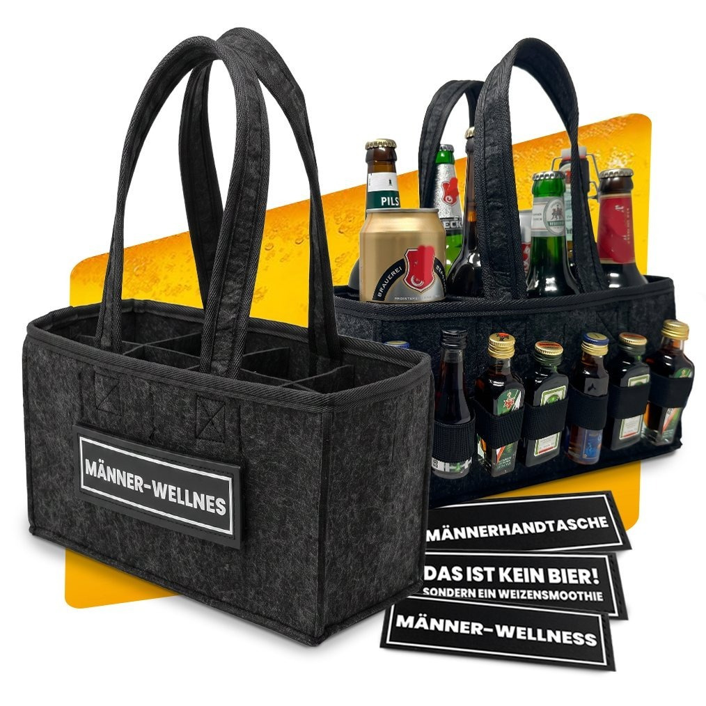 Image of Funny Men's Handbag – Felt Bag For 8 Bottles & Cans With 3 Patches & Shot Holder – Funny Men's Gift For Father's Day, Birthday, Festival & Guys' Night