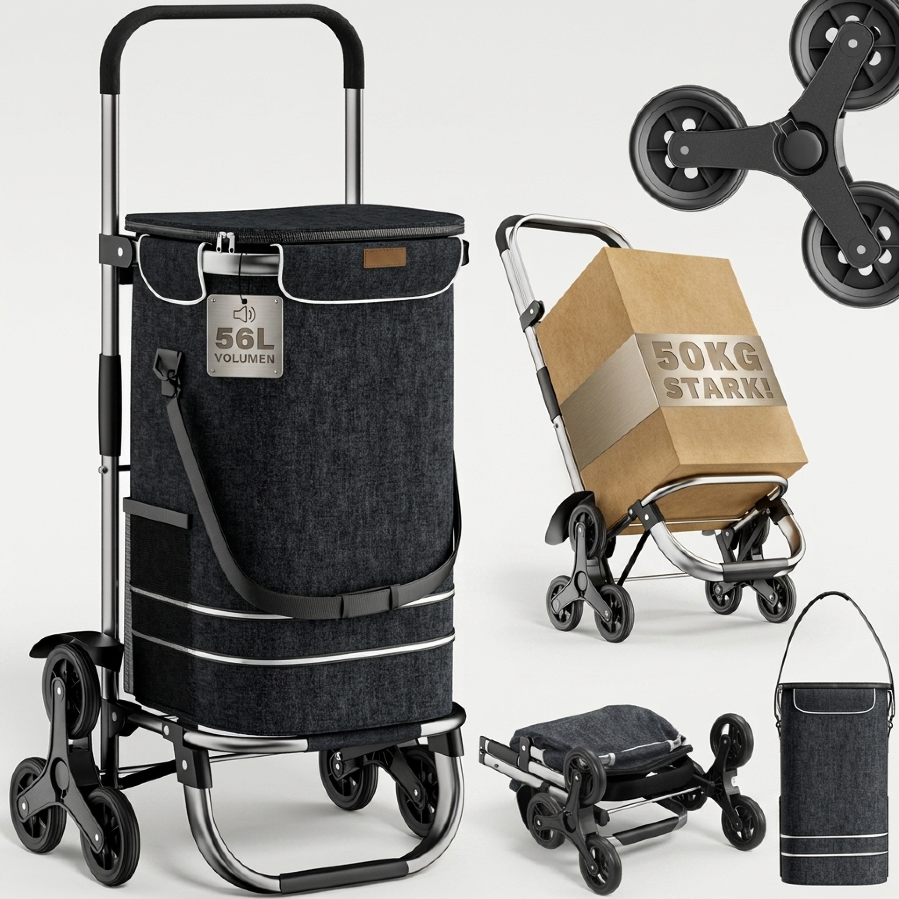 Image of 3in1 Shopping Trolley 56l Up To 50 Kg Foldable Removable Bag 6 Wheels Carrying Strap Stair Climber Shopping Cart Shopping Aid Trolley