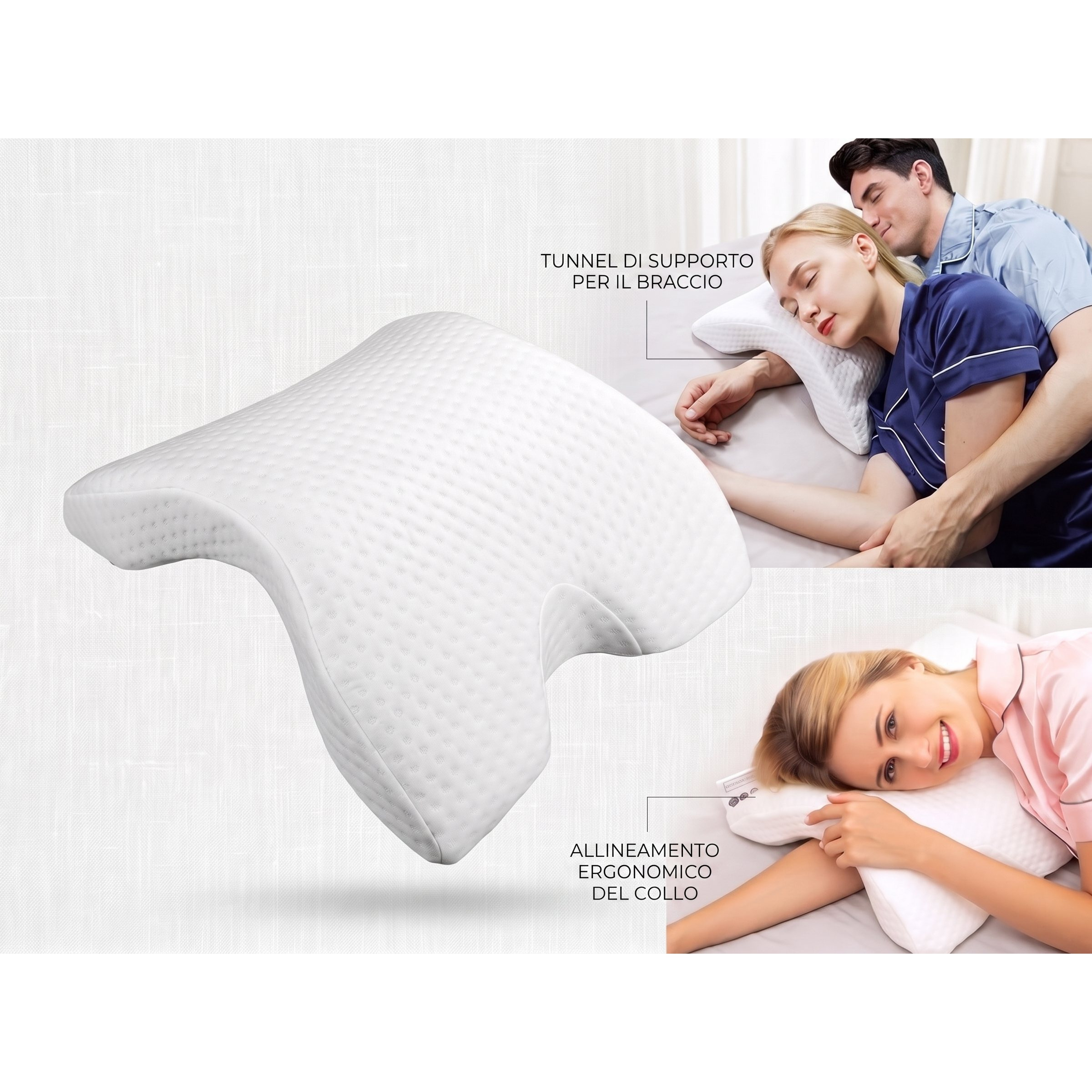 TEMU Cuscino Ergonomico 3 in 1 in Memory Foam �� Cuscino Cervicale con Tunnel per Braccio, Supporto per e Schiena, Traspirante Lavabile