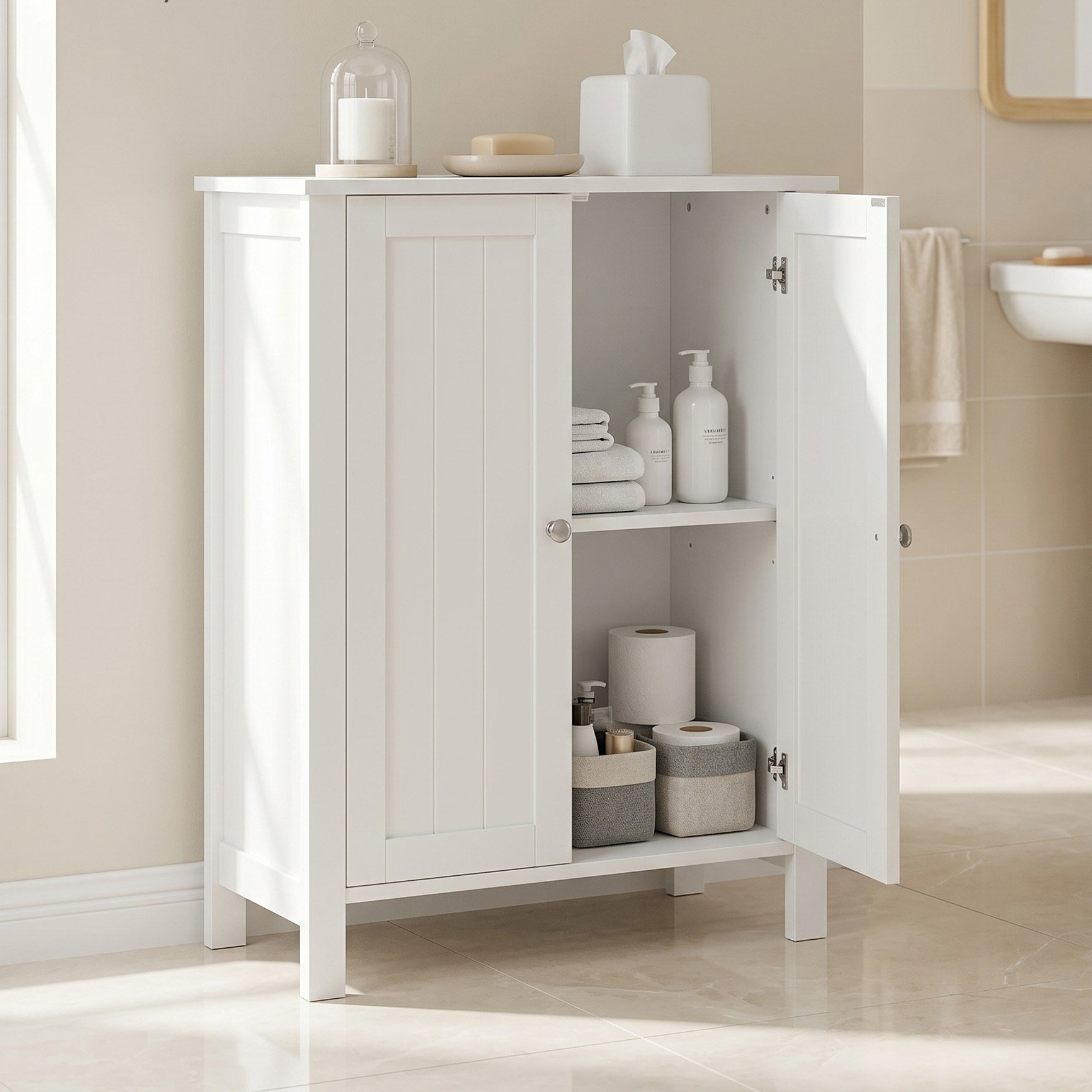 TEMU Bathroom Floor Cabinet, Freestanding Bathroom Cabinet With 2 Adjustable Shelves, Bathroom Storage Cabinet, 30 X 60 X 80 Cm, White