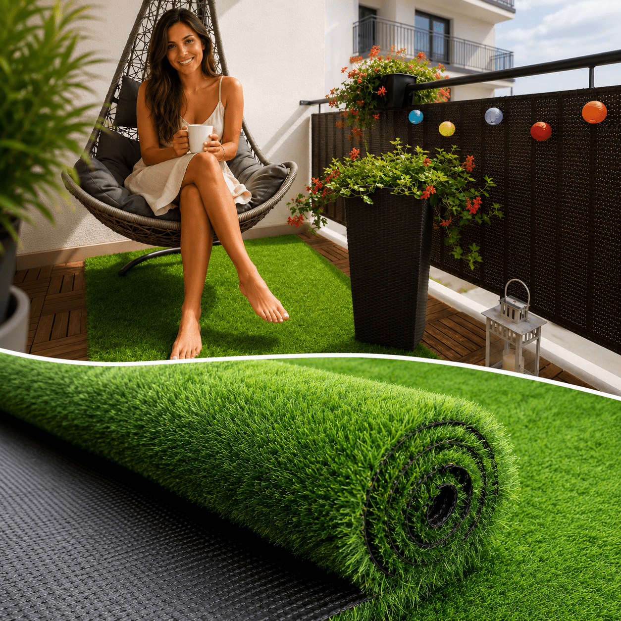 Sky Artificial Grass Outdoor Turf Carpet – Grass Carpet For Balcony & Garden – Rolled Plastic Turf In Design, 14mm Height