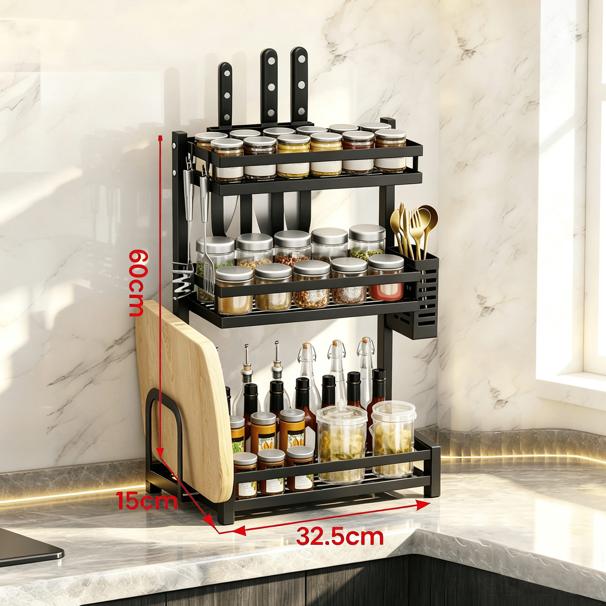 ® Spice Rack For Kitchen, 3-tier Kitchen Organizer, Freestanding Spice Rack With Knife Holder & Hooks, Metal Spice Stand, Kitchen Shelf For Kitchen, Dining Room, Bathroom