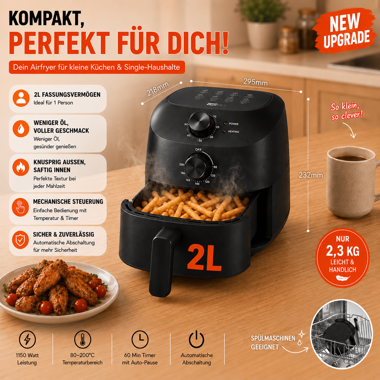 Aeco .0 Mini Air Fryer – Compact Hot Air Fryer, 2 , Bpa-free, 60-min Timer, , 80% , Energy-efficient, Auto Shut-off Function