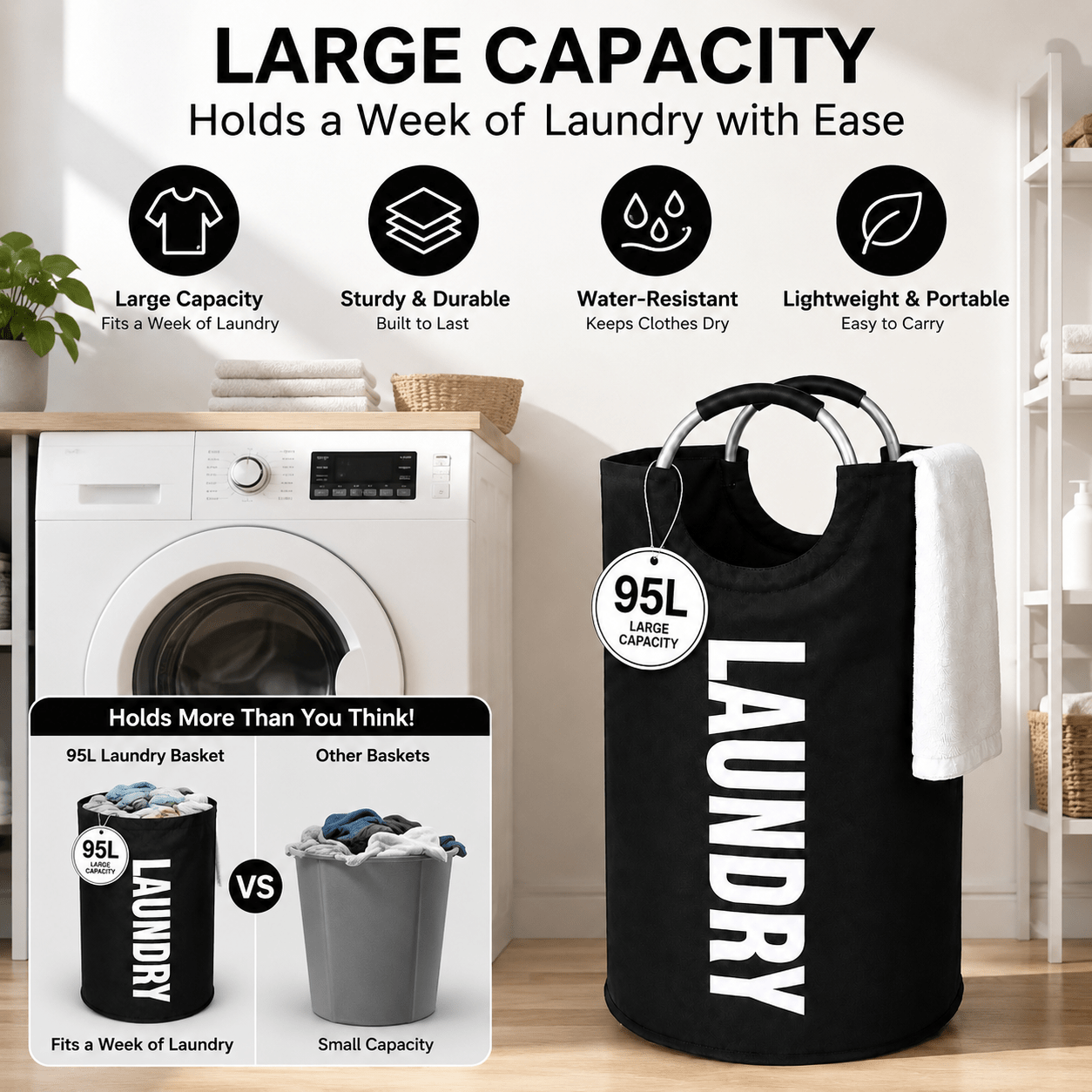 90L Large Foldable Laundry Basket Hamper with Handles