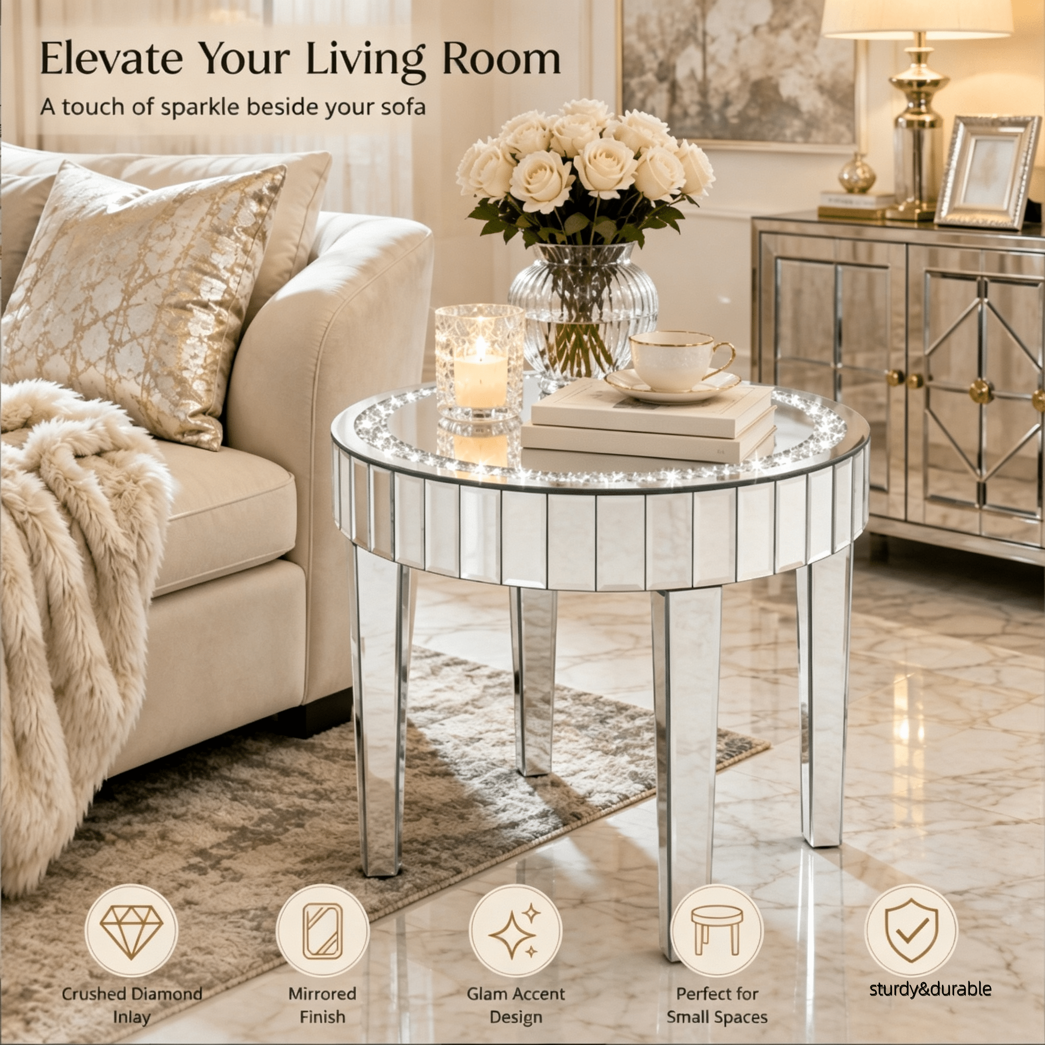 23.62" Mirrored Side Table with Crushed Diamond Inlay