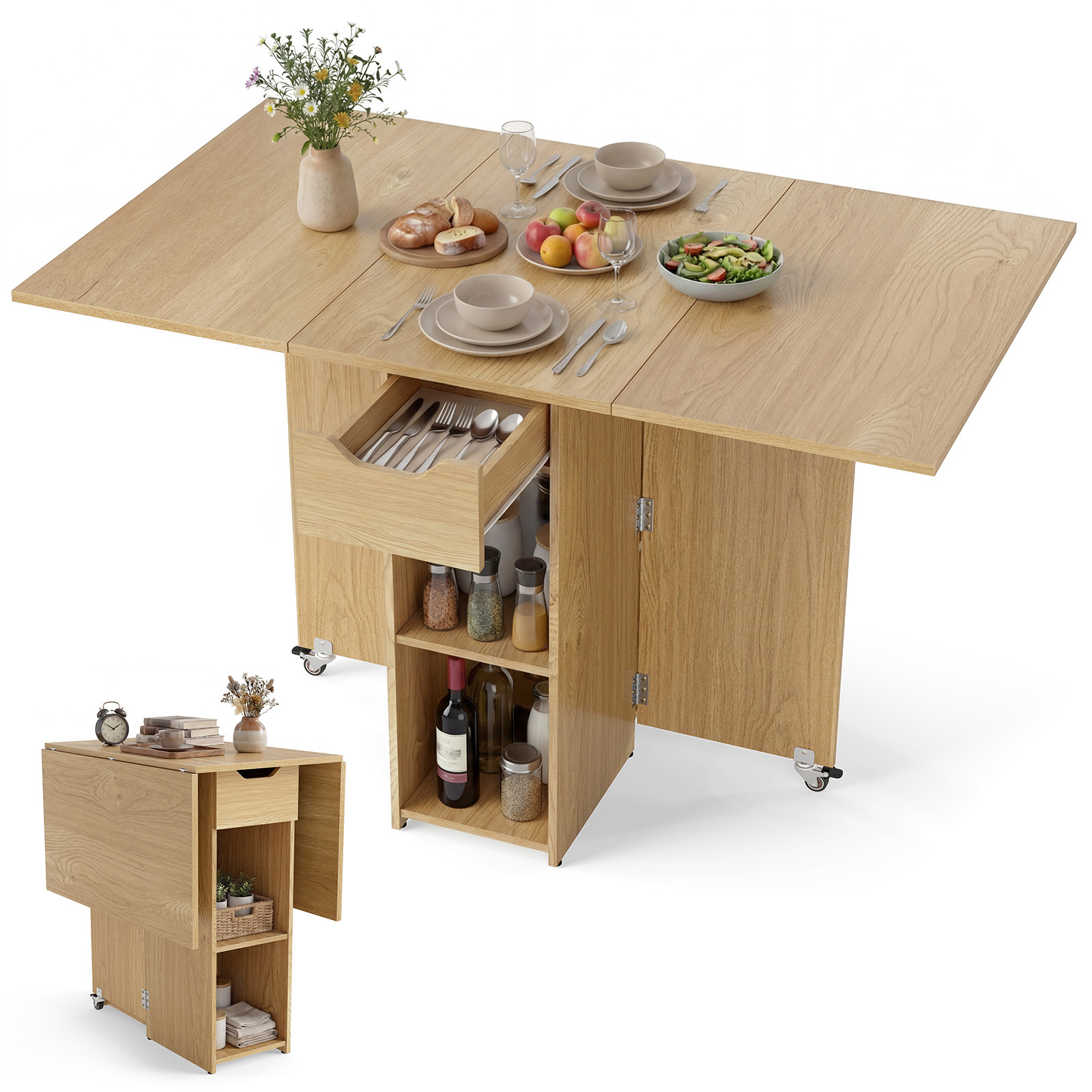 Image of Folding Kitchen Table, Folding Dining Table, Small, Mobile Kitchen Table With , 120 X 72 X 75 Cm, Dining Room Table For 4-6 People, Fold-out Table For Small Spaces, Wooden Kitchen
