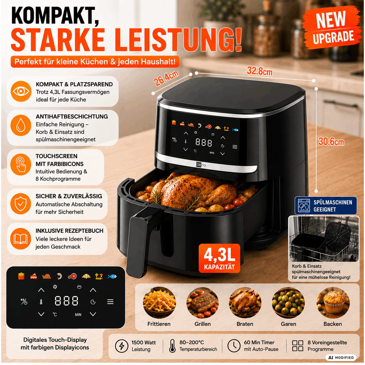 Aeco Compact 4.3l Airfryer 1500w Hot Air Fryer 80- 8 Programs With Display, Including Recipe Book, Auto-off, Coating, Dishwasher-safe Baskets.