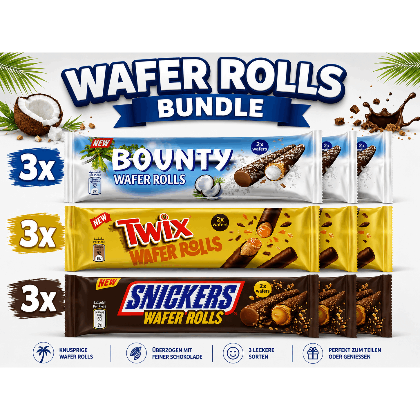 Image of Wafer Rolls Bundle – 3 Sorts × 3pcs | Bounty, Twix & Snickers Wafer Rolls | 9pcs Snack Bundle