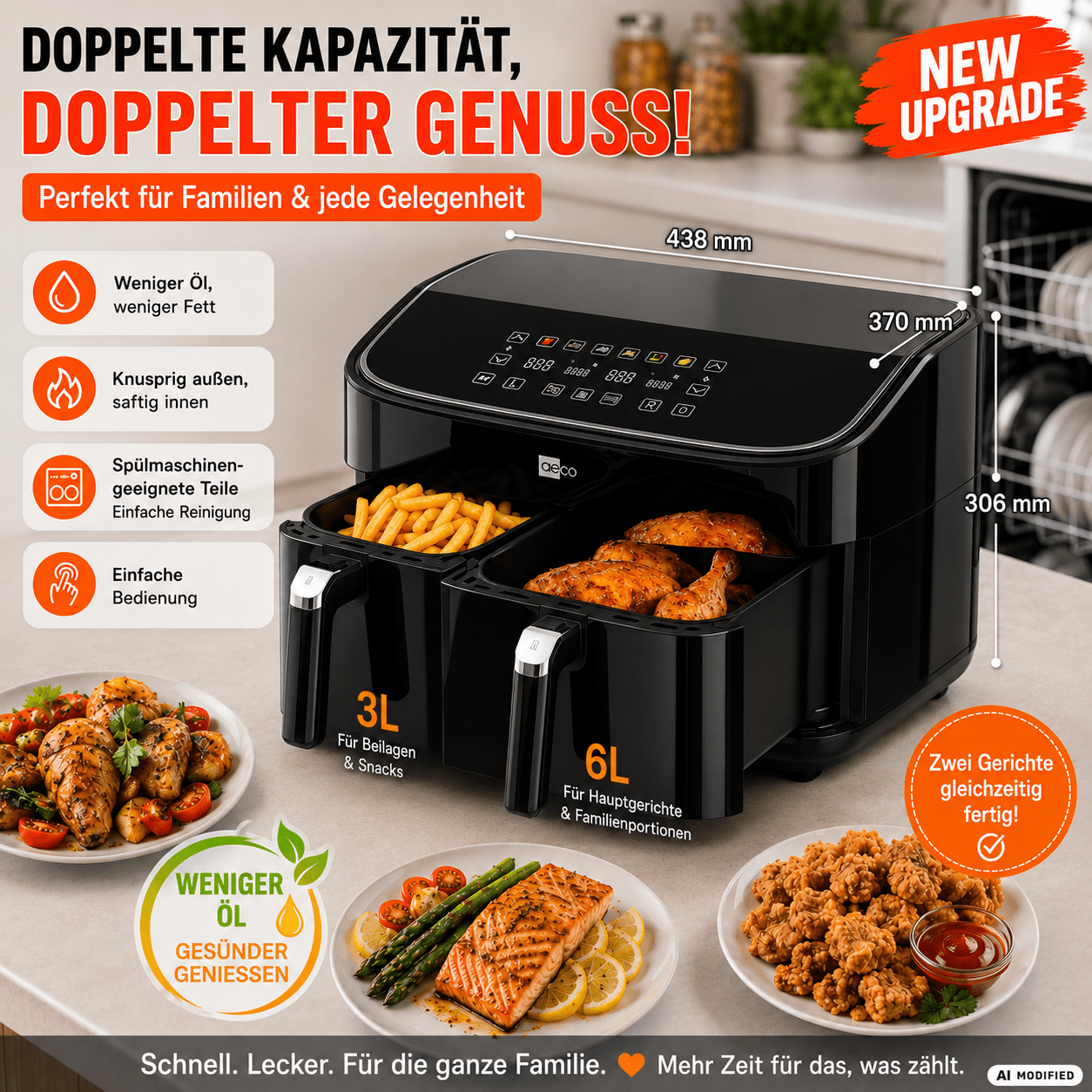 Aeco Duo Hot Air Fryer 2 Chambers Airfryer 9 With Sync Function, Double Chamber With Display, 2850 W, 6 Programs, Recipe Book, Frying Baskets