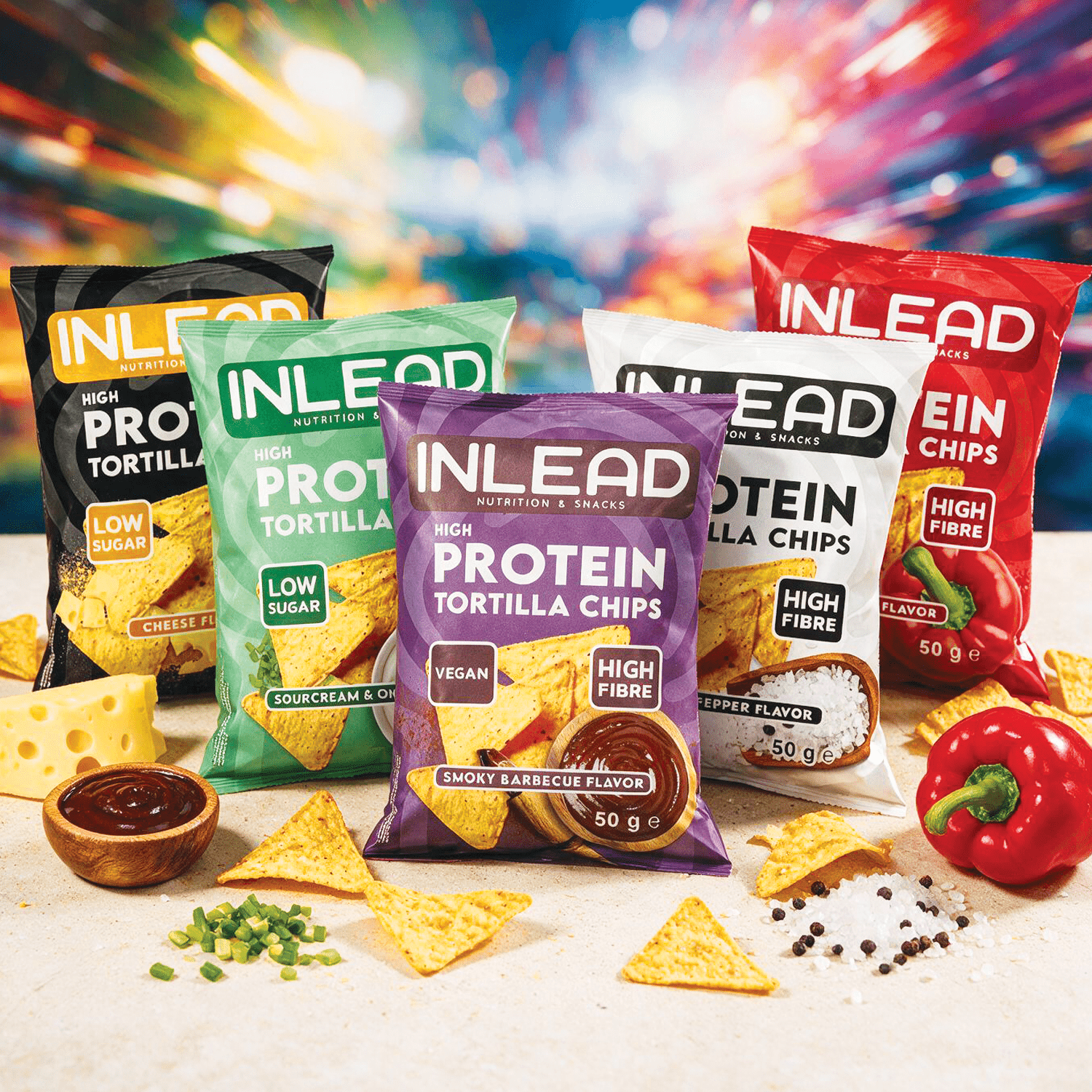 Image of 5er Mix Pack - Inlead High Protein Tortilla Chips - 1x Paprika + 1x Cheese + 1x Salt & Pepper + 1x Smoky Barbecue + 1x Sour Cream & Onion 5x50g