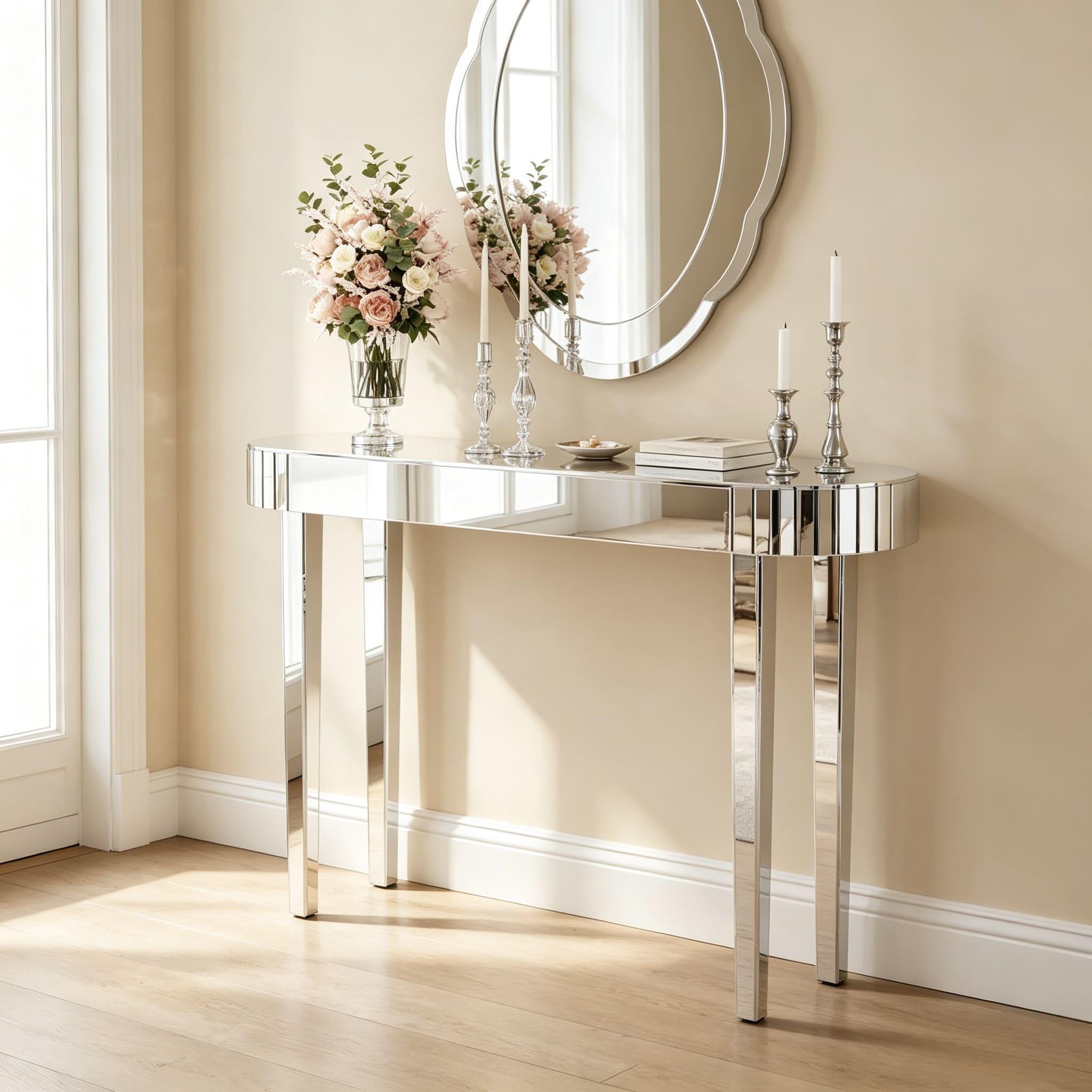 Image of Mirrored Silver Console Table - 120cm Glam Oval Entryway Table, Glass Mdf Sofa Accent Table For Hallway Foyer Living Room Bedroom Decor