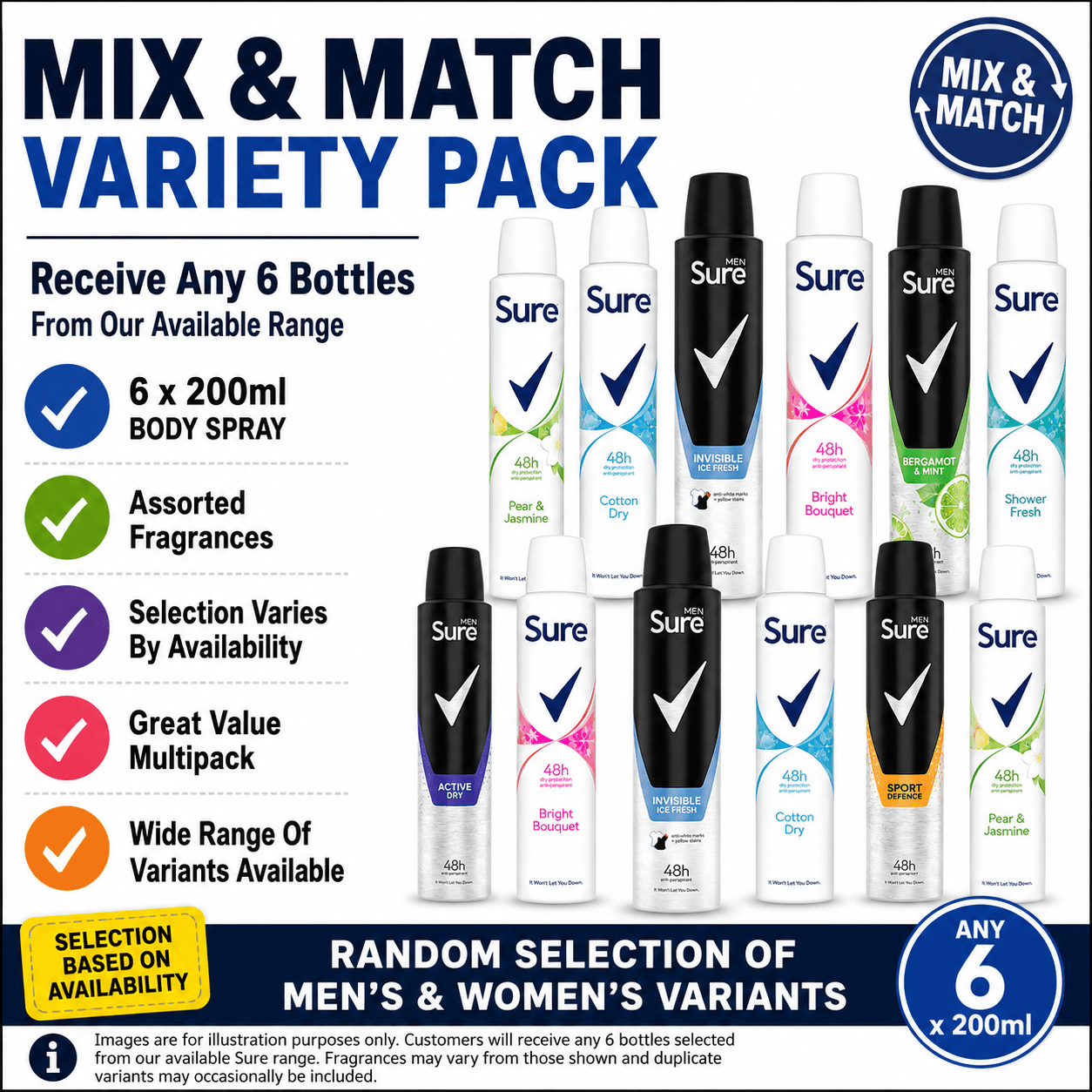 Sure Body Spray Variety Pack, 6 x 200ml Mixed Fragrances