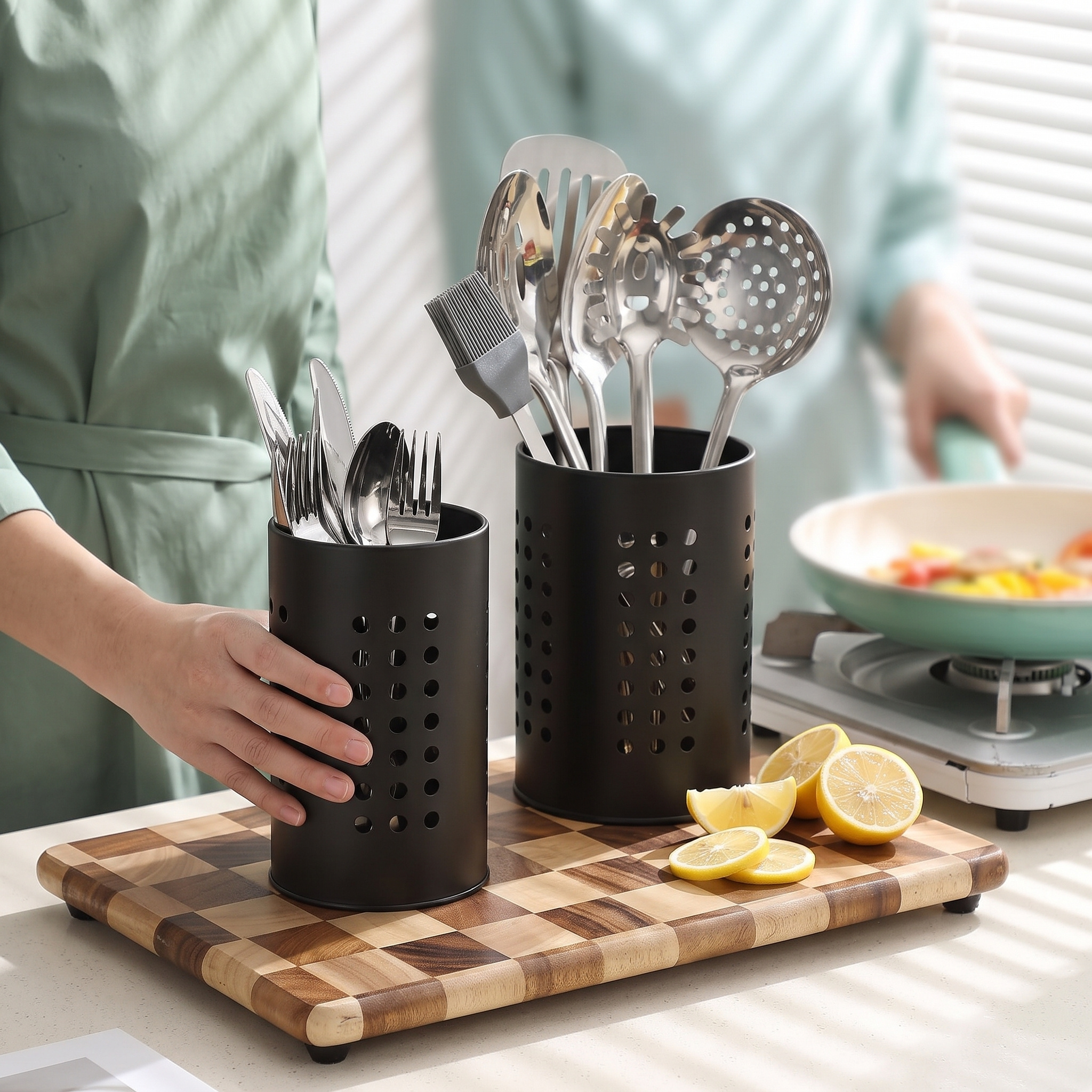Image of 2‑pack Kitchen Utensil Holder, Black Stainless Steel Countertop Utensil Rack, Farmhouse Counter Organizer, Kitchen Essential For Home