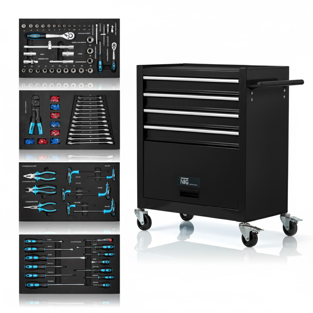 Workshop Trolley . Tools 70pcs - 4 Drawers + Large Compartment - Ball-bearing Drawers - With Parking Brake