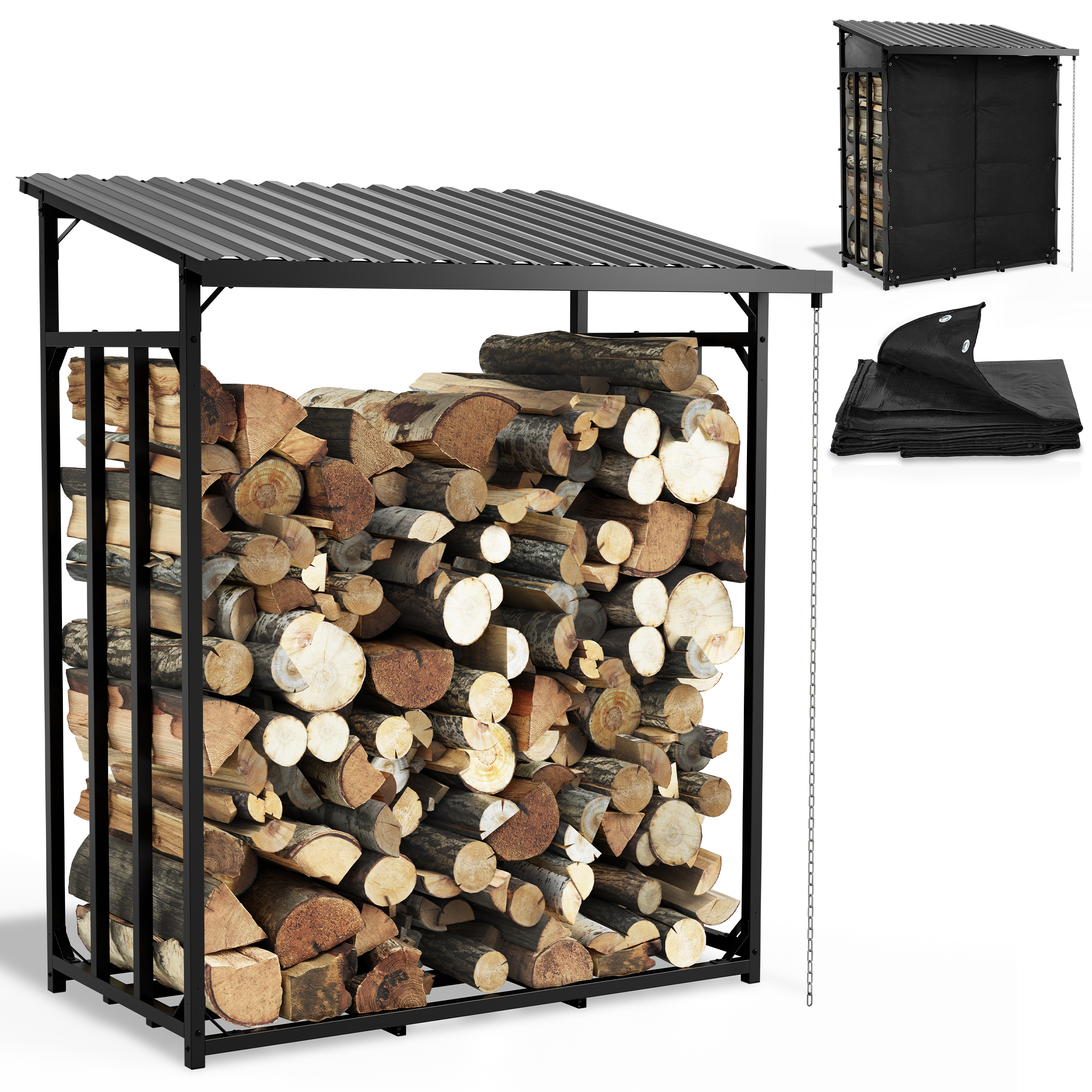 Image of Firewood Rack Metal With Corrugated In 2 Sizes - Fireplace Wood Rack And Outdoor Wood Shelter With Rain Gutter, Rain Chain And 150g Protective Tarp, Steel Construction, Self-assembly Without Drilling.
